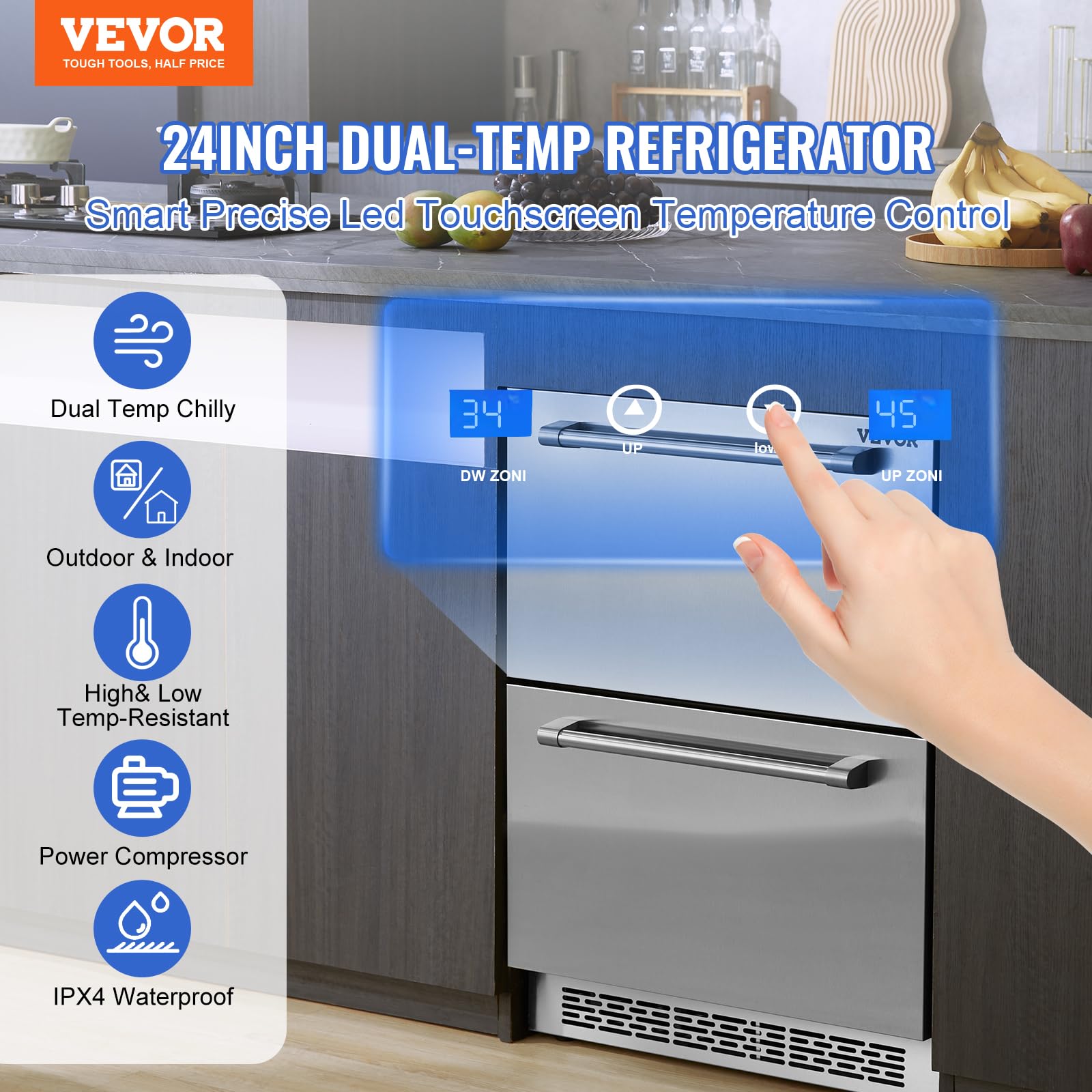 VEVOR 24" Undercounter Refrigerator, 2 Drawer Wine Refrigerator With Different Temperature, 4.87 Cu.Ft. Capacity, Waterproof Indoor And Outdoor Under Counter Drawer Fridge For Home And Commercial Use on Fridge.com - View 2