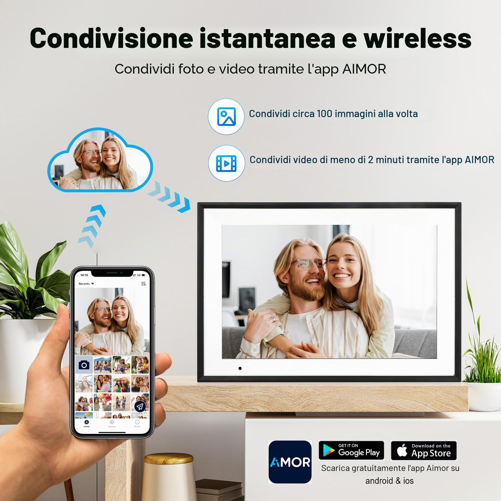 Anna Bella Cornice Digitale WiFi 10,1 Pollici, Cornice Elettronica 1280x800 HD, Memoria 32GB, Rotazione Automatica, Touchscreen Intelligente, Configurazione Remota Facile tramite App AiMOR