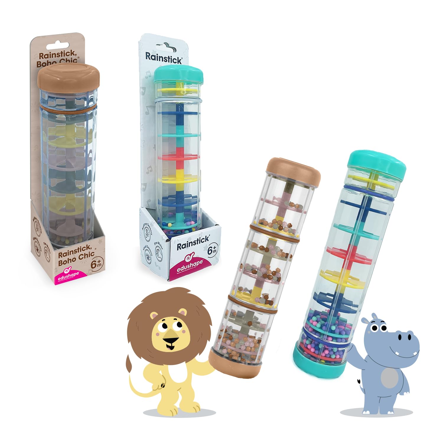 Edushape Rainsticks 8 Inch - Set of 2 Rainmaker Toys for Babies, Sensory Tubes Musical Instrument, Rain Stick Baby Toy for Soothing Rain Sounds, Perfect Tummy Time Toys, Engaging Toddler Sensory Play