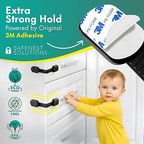 Miniatura 5 de SAFENEST - Cerraduras de gabinete a prueba de niños (paquete de 5 unidades, color negro) Adhesivo 3M para armarios y cajones, refrigerador,