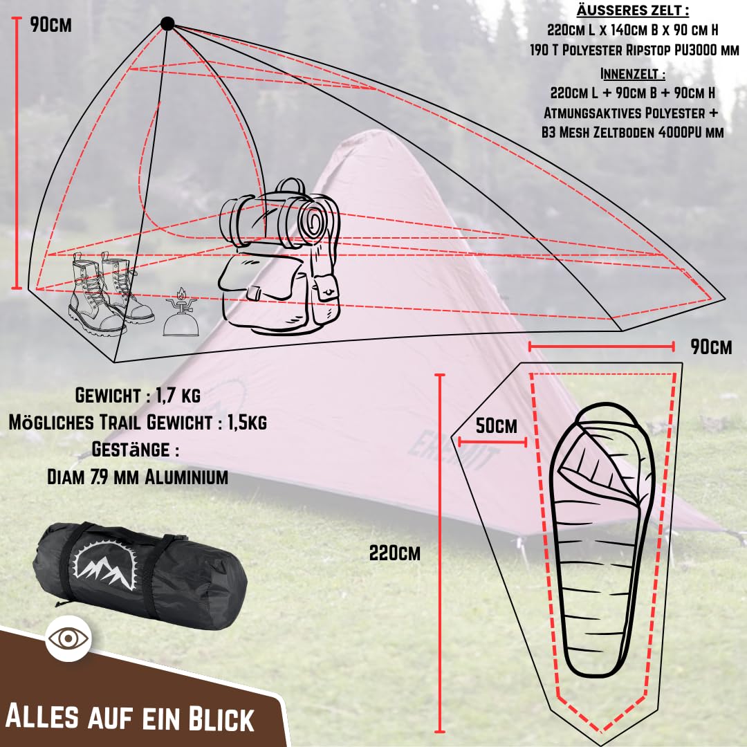 Tienda GOALPINE® para 1 y 2 Personas Grandes | Impermeable 4000 mm | tamaño de Paquete pequeño | para Senderismo, excursiones de montaña y Ciclismo | Ultraligero | 4 Estaciones | construcción rápida