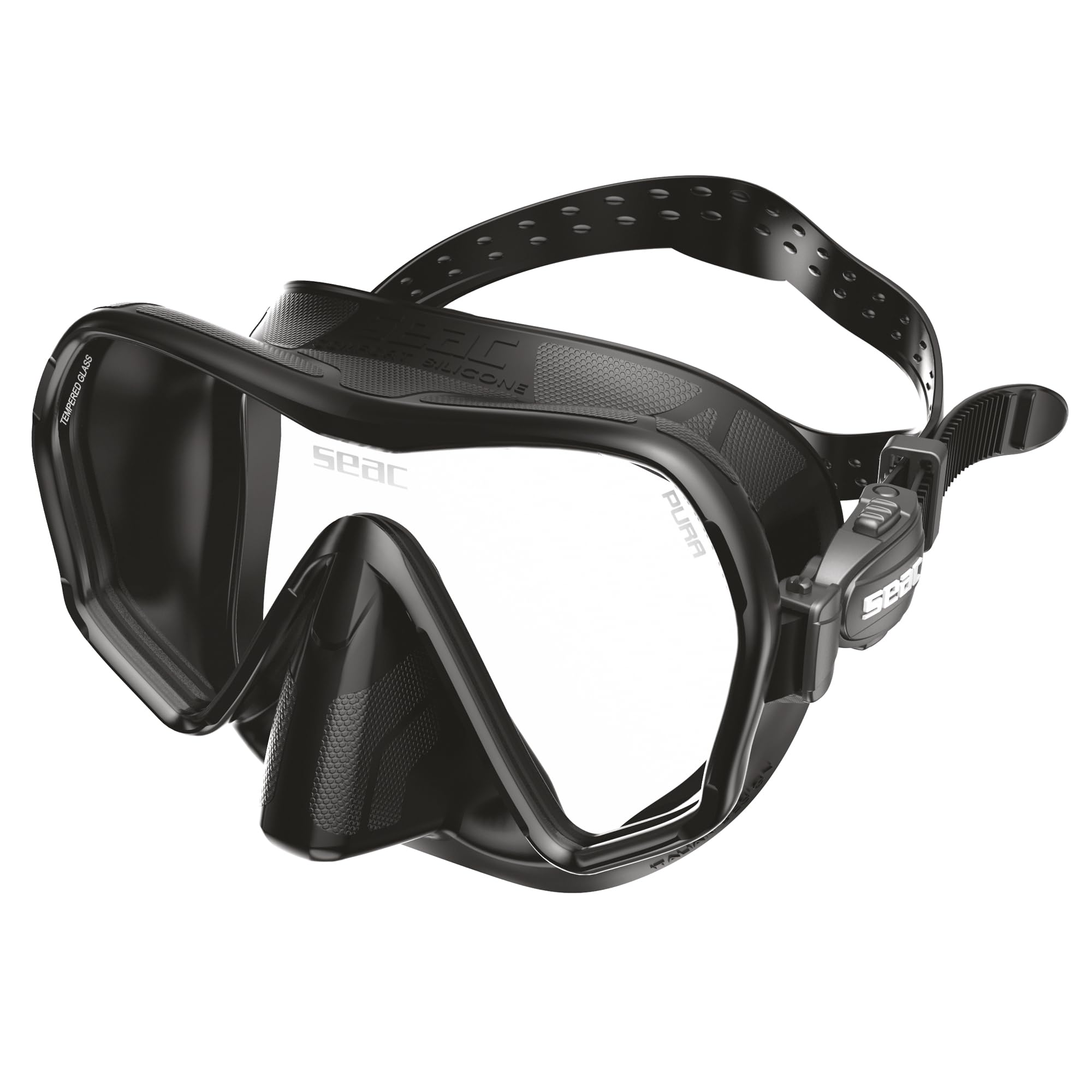 SEAC Set Bis Pura, Maschera Monolente Antifog Anti Appannamento con Fibbia 3D e boccaglio Turtle pieghevole in silicone Ipoallergenico Set per Immersioni e Snorkeling