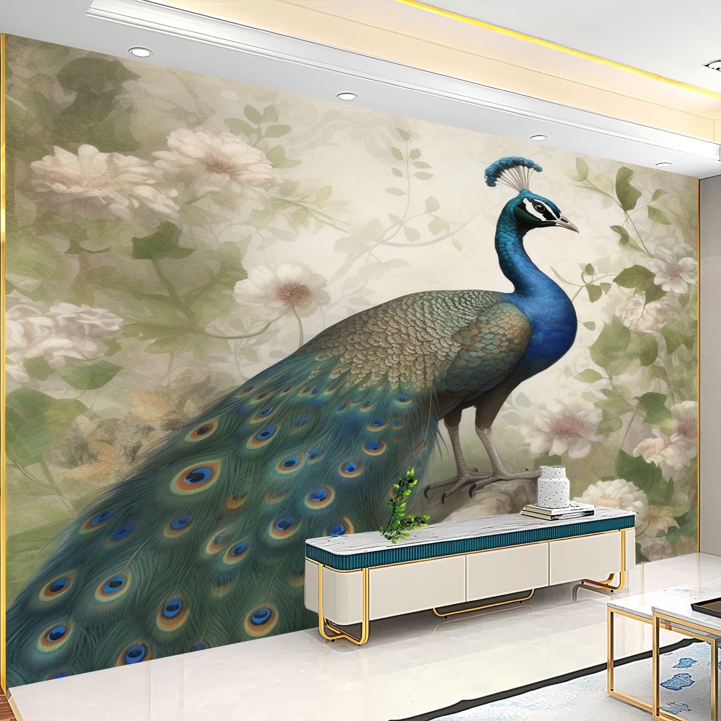 Tapeta ścienna z włókniny 400 x 280 cm sztuka paw kwiaty rośliny panoramiczna zielona tapeta gigantyczny plakat ścienny, do salonu pokój dziecięcy restauracja dekoracja ścienna