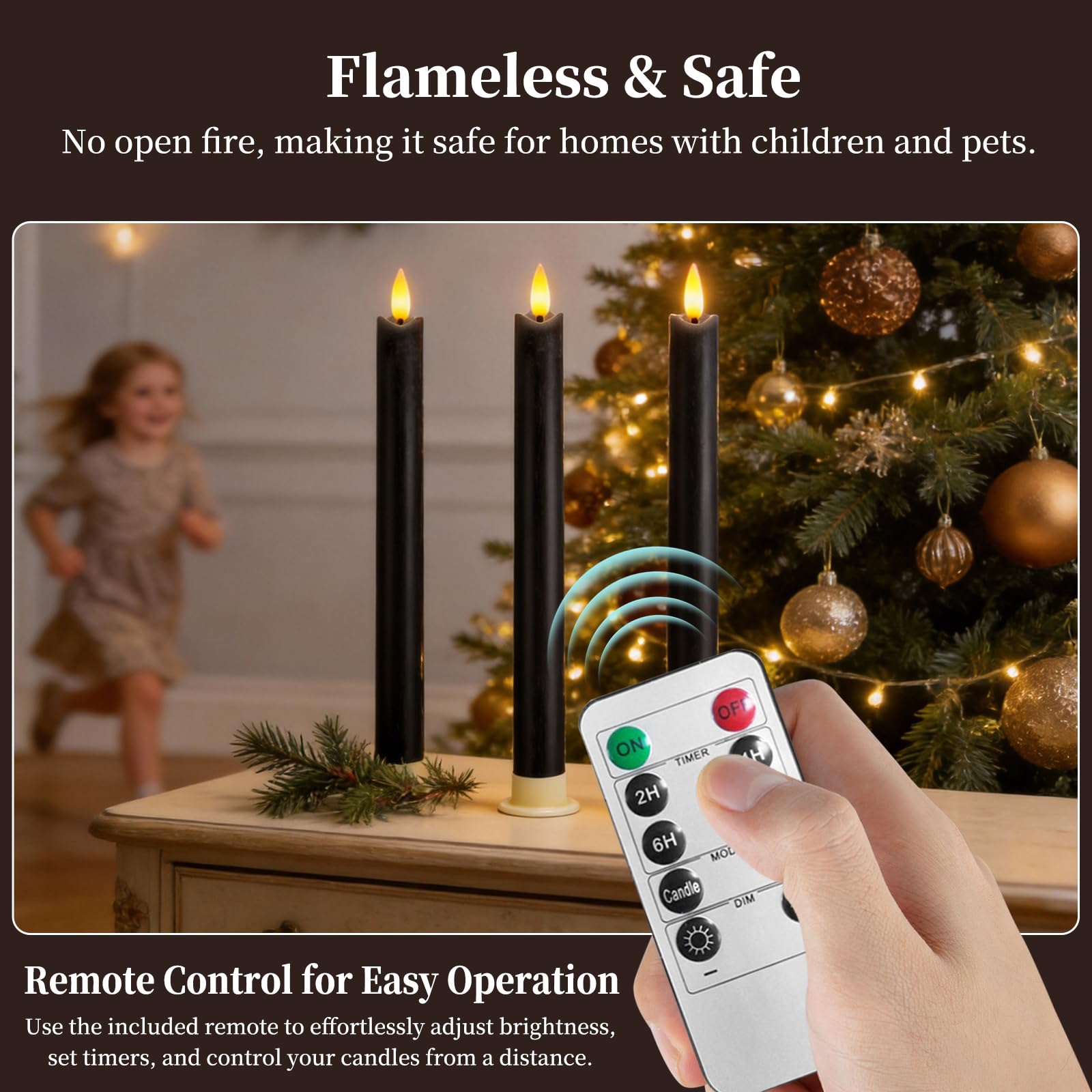 Set di 6 candele LED con telecomando a 10 pulsanti, senza fiamma, in vera cera, decorazione per Natale, compleanno, matrimonio e festa, Nero