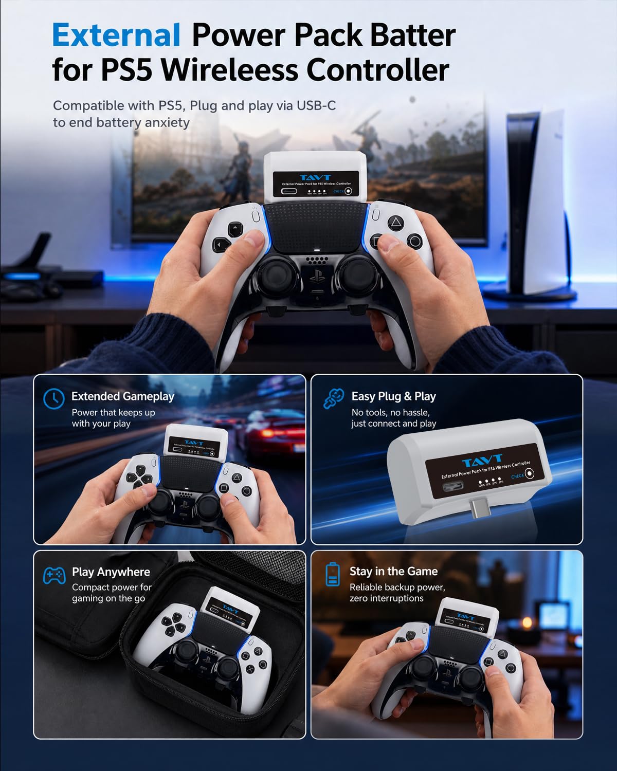 Batteria esterna per controller Sony PlayStation 5, PS5 Dualsense/Edge, batteria ricaricabile con indicatore LED e cavo di ricarica USB-C