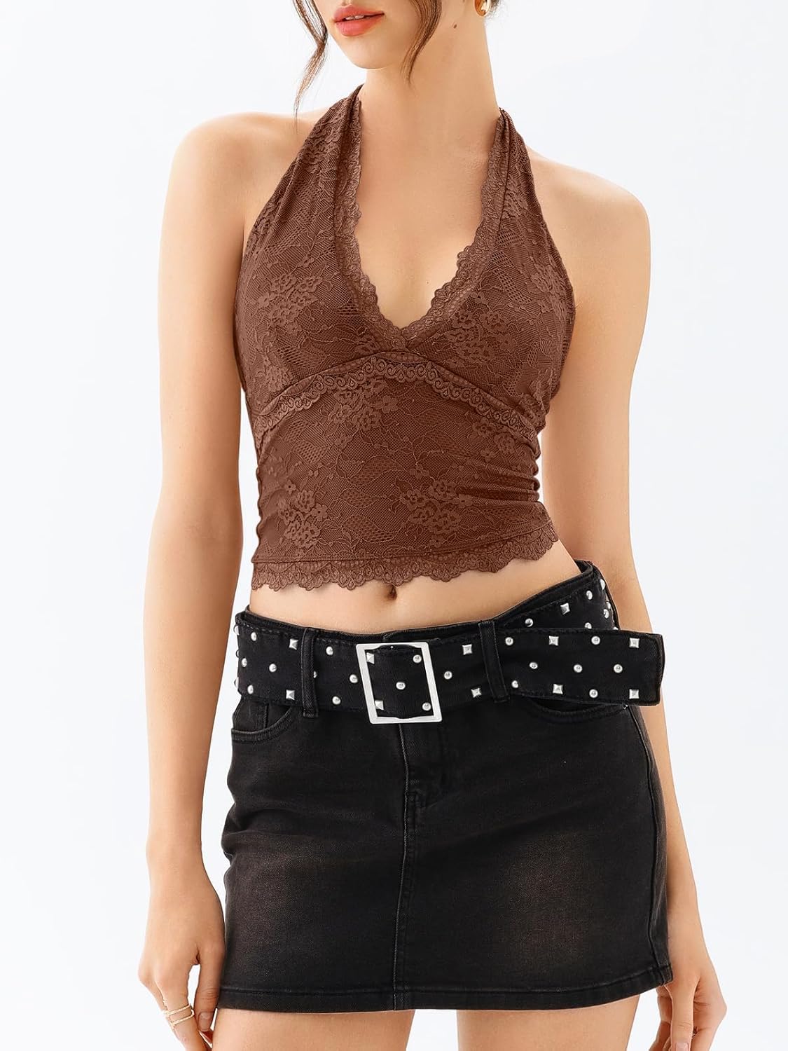 Women Sexy Cropped Halterneck Lace Top Sleeveless Backless V-Neck Lace Trim Crop Top Slim Fit Summer Tanks - Image 2