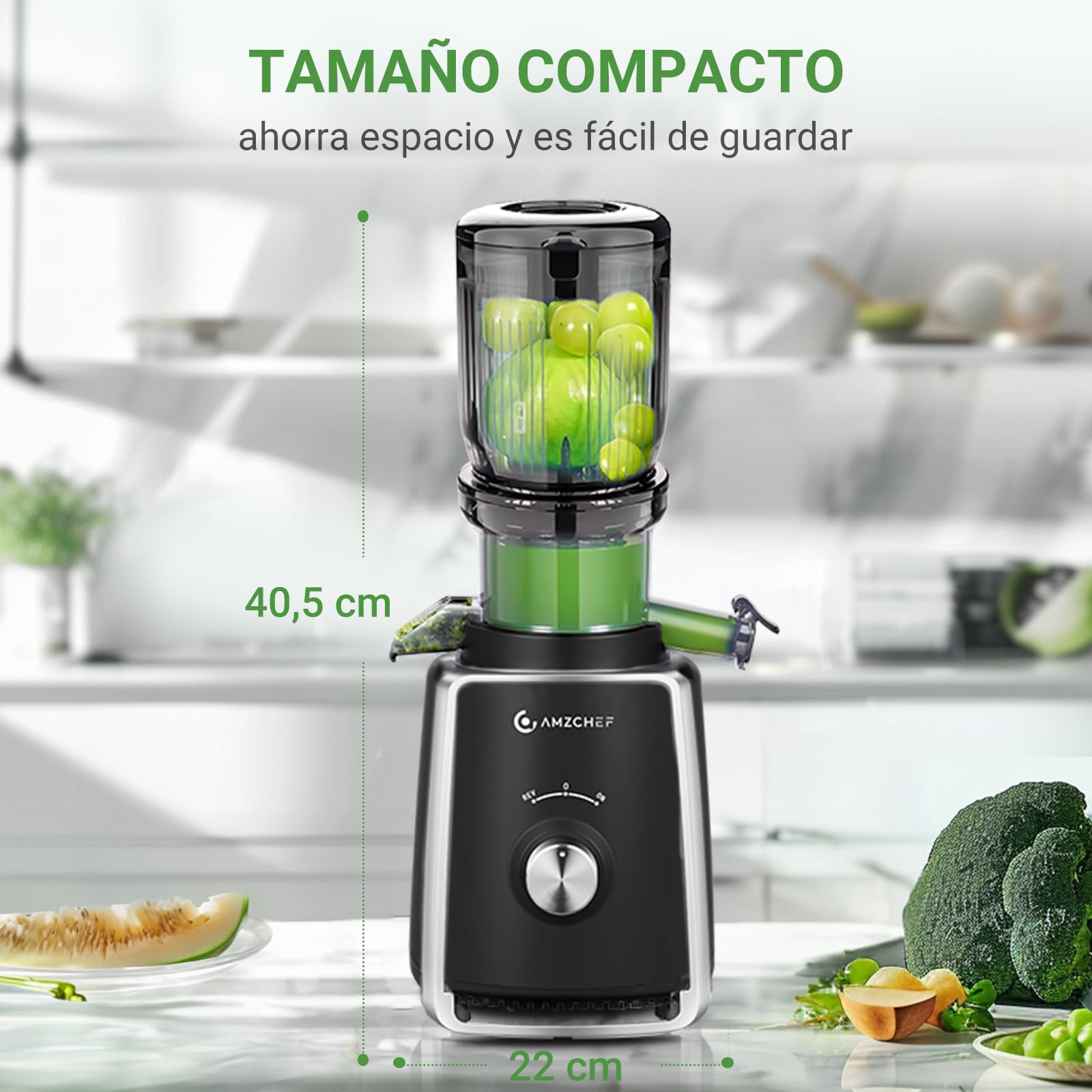 AMZCHEF Licuadora con 2 filtros patentados que no se obstruyen para frutas y verduras blandas y duras - Extractor de zumos y verduras de 250W y 103MM de gran apertura para fruta entera - Negro