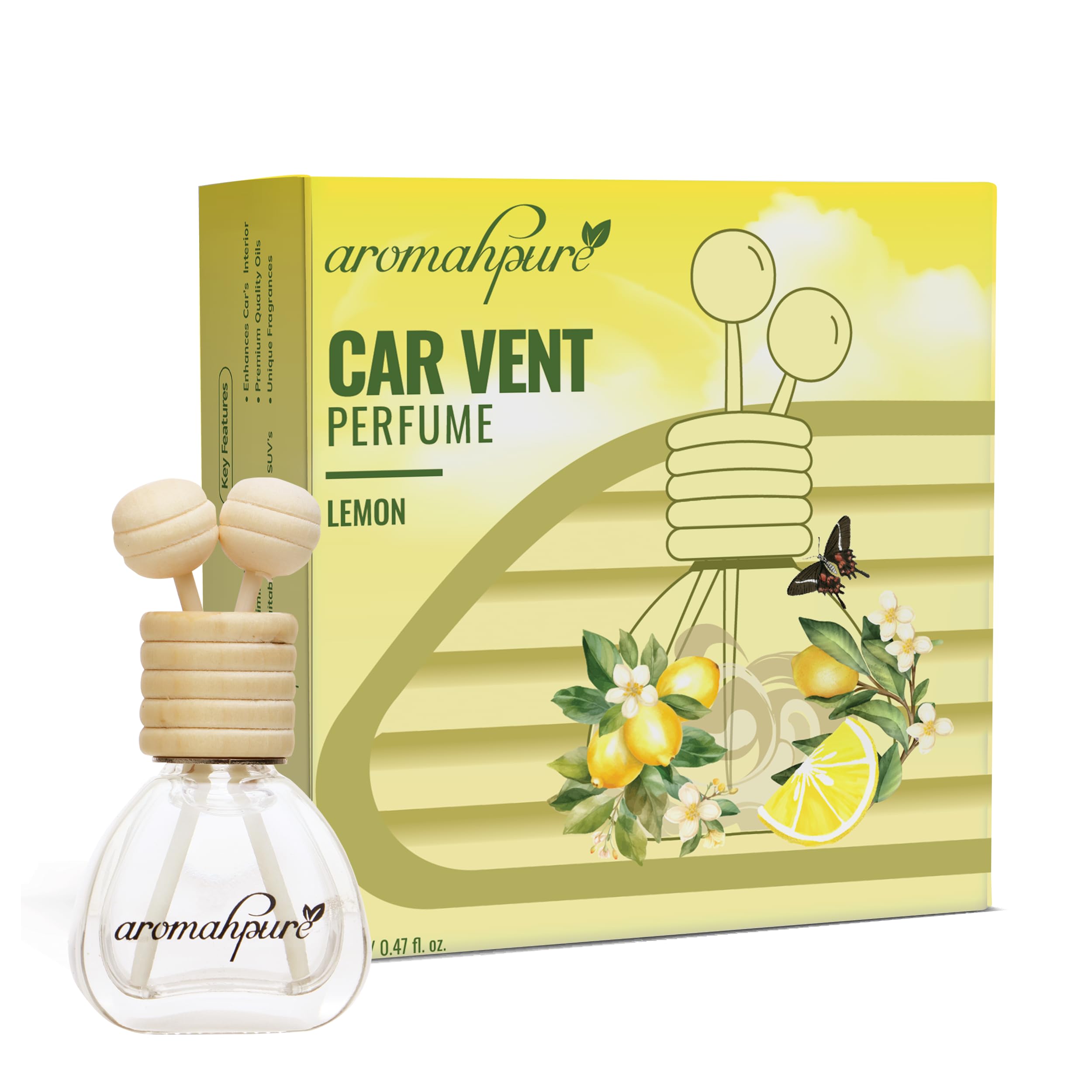 Aromahpure Premium Car Perfume Vent Clip |14 ML | Lemon Fragrance Car Air Freshener | Natural Essential Fragrance Oils in Glass Bottle with Wooden Reed Sticks | Last upto 30 days, IFRA certified