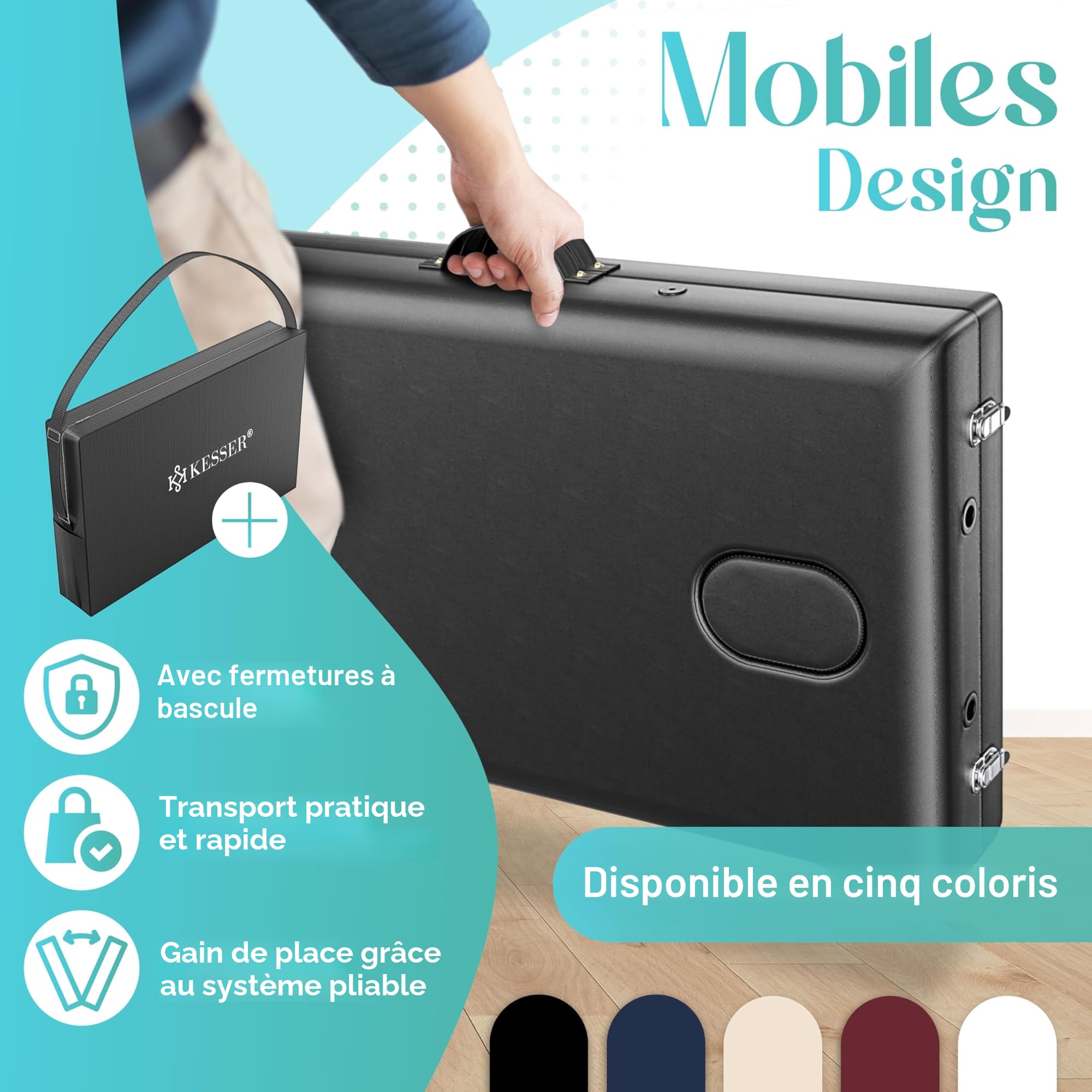 Kesser Table de massage mobile avec pieds en bois pliables et réglables en hauteur (max. 250 kg), 2 zones, large table thérapeutique, appui-tête