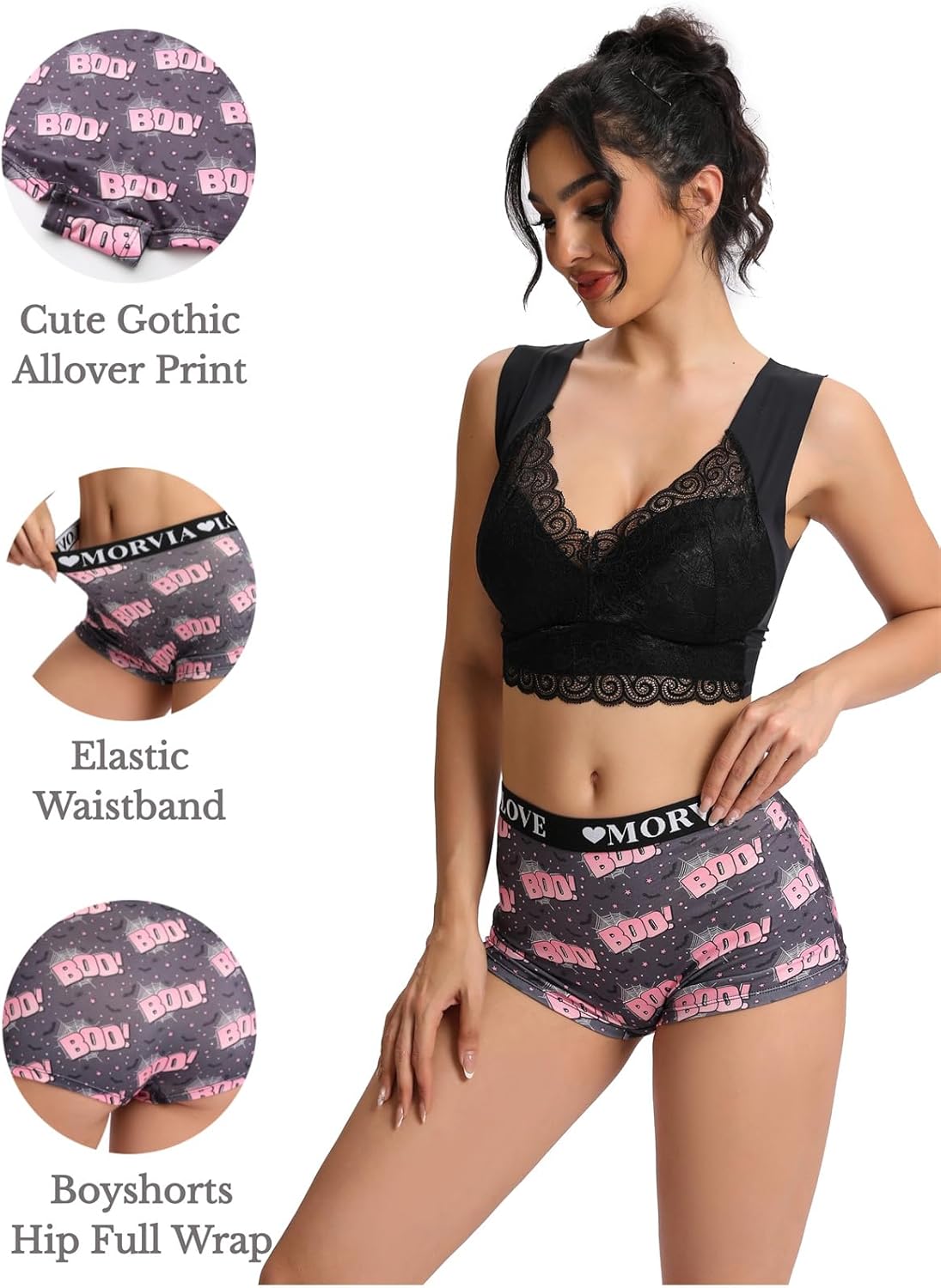 Morvia 6 Pack Gothic Halloween Print Boyshorts, High Waist Variety Underwear with Elastic Band, Skull Rose Stars Pattern - Image 2