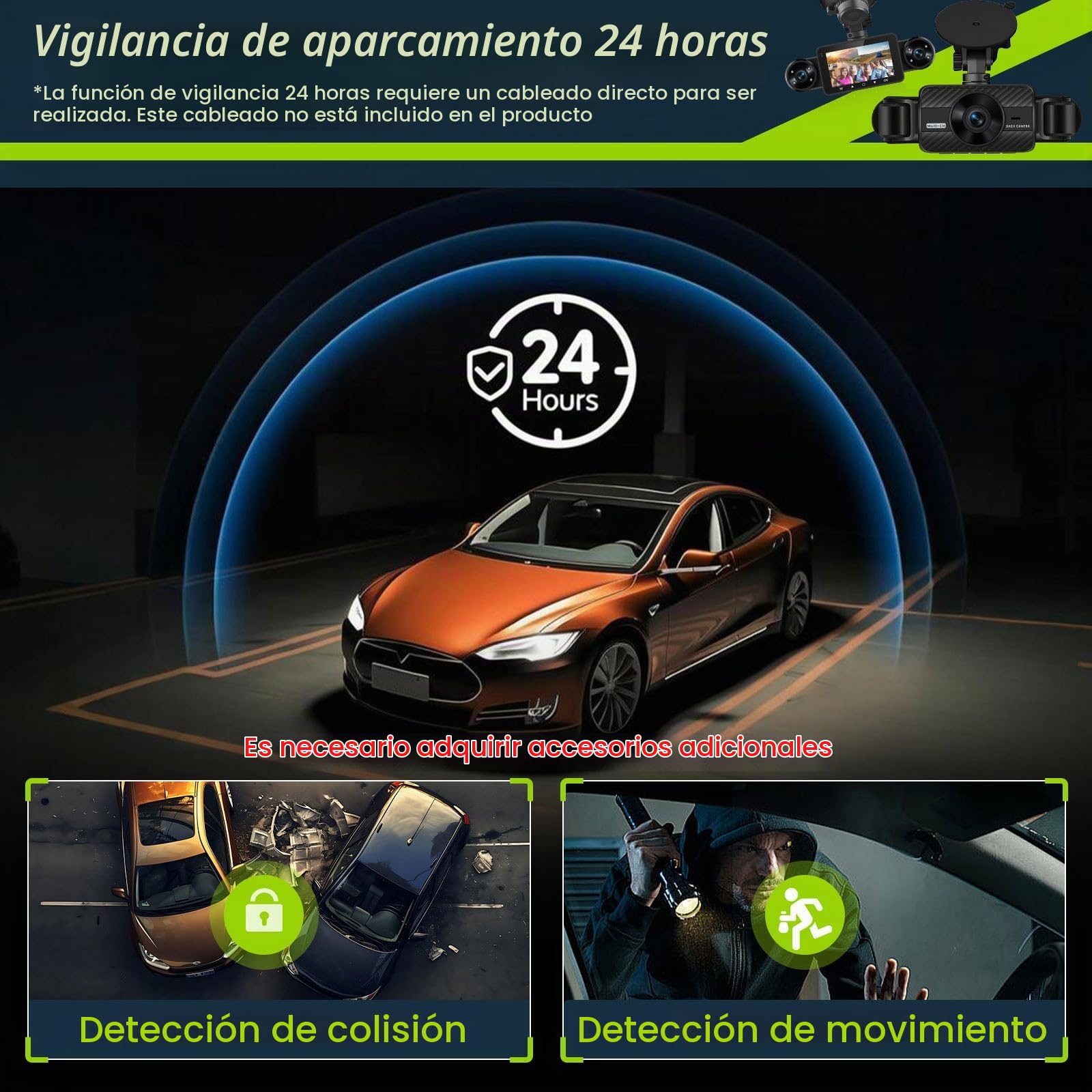 Hodozzy Cámara de Salpicadero Delantera y Trasera de 360° con 4 Cámaras, 1080P, 8 LEDs de Visión Nocturna IR, Pantalla Táctil IPS de 3", Grabación en Bucle, Sensor G, Visión Nocturna+Tarjeta SD de 64G