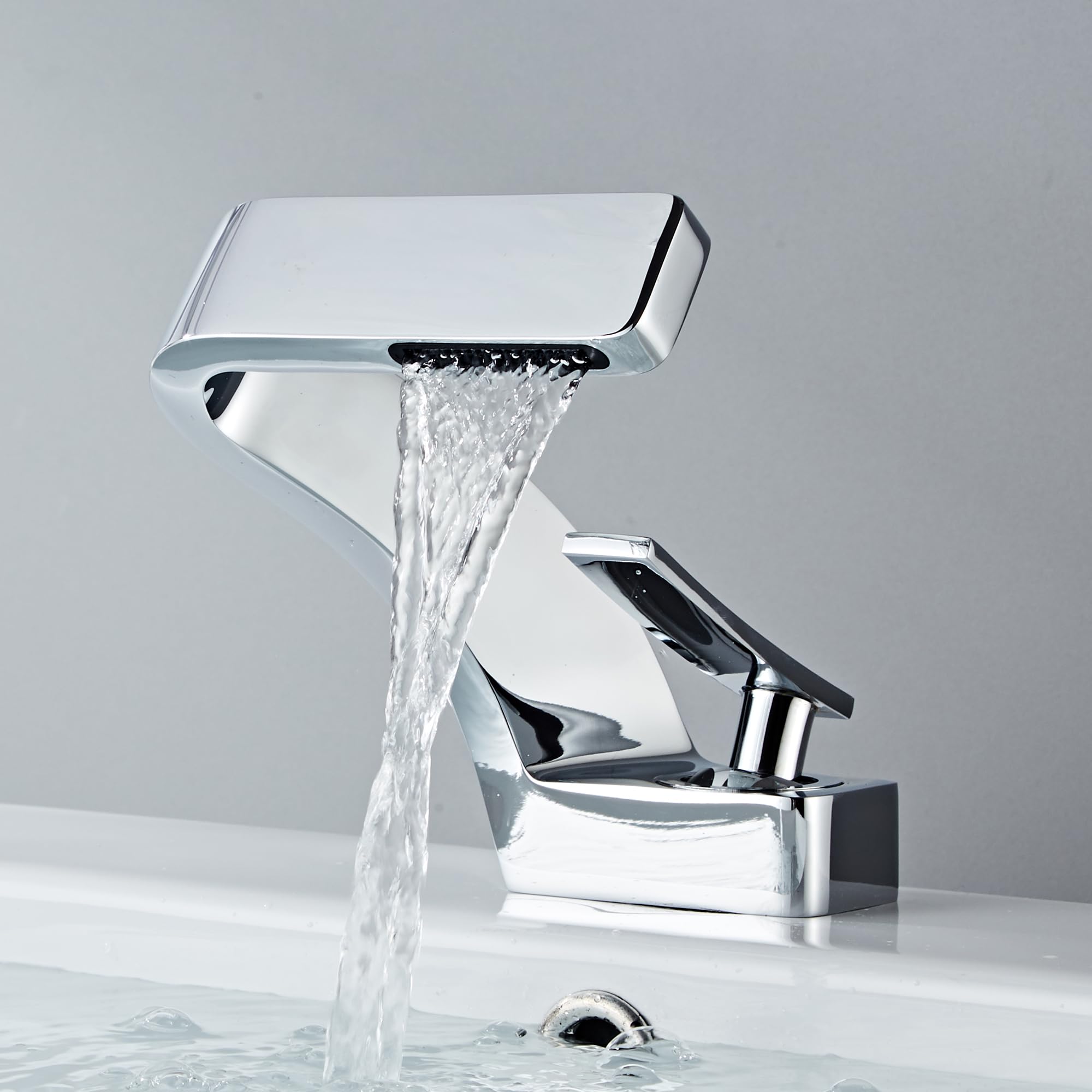 MocArt 2239 Waterfall Faucet, Bathroom Hot and Cold Mixer Tap, Hotel Basin Copper Faucet, Ceramic Valve Core, Single Hole Installation, Water Saving Design (Bright Silver)