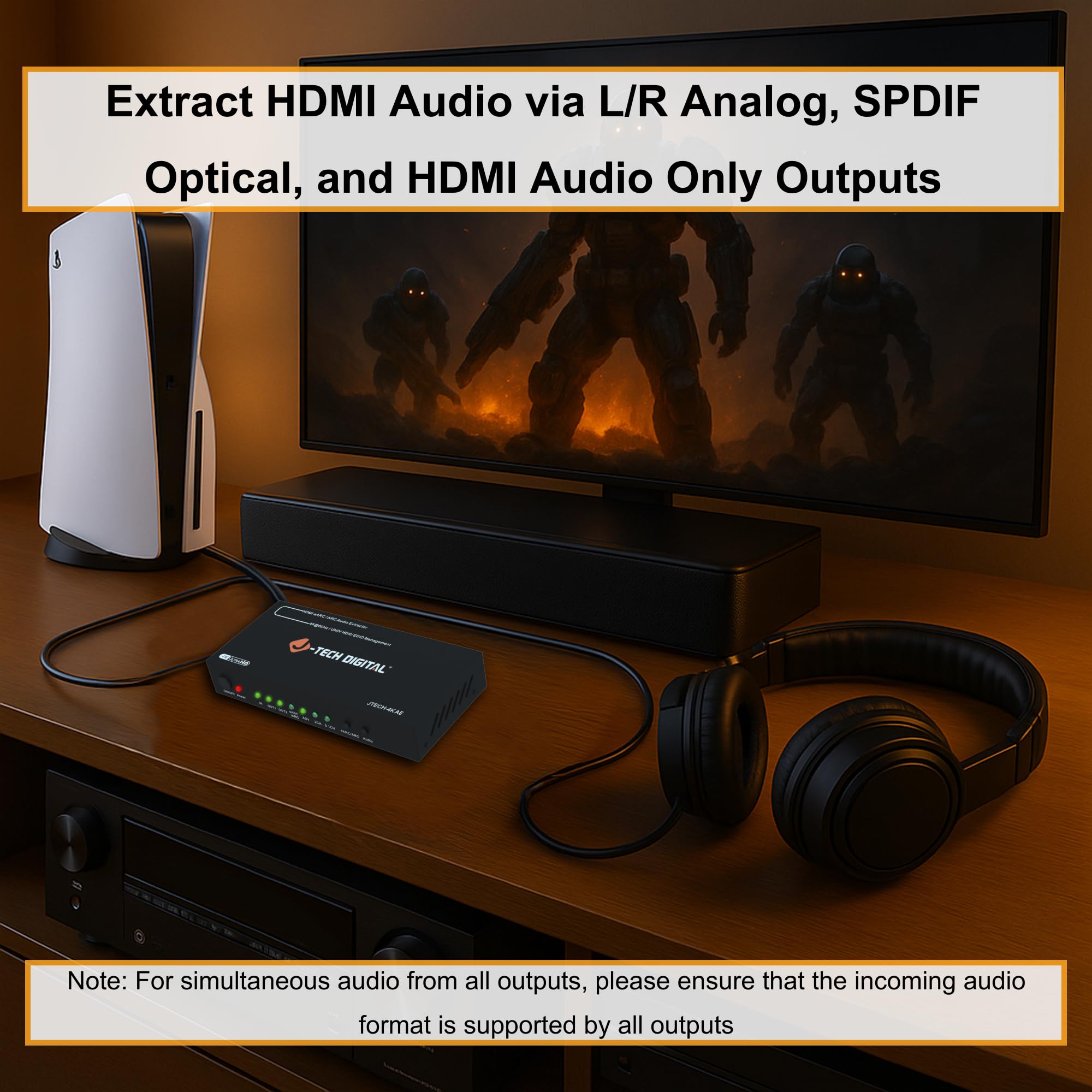 J-Tech Digital Estrattore audio 4K HDMI eARC/ARC, 4K 60Hz HDMI a ottico + RCA L/R, convertitore audio DAC da digitale ad analogico per console di gioco Blu-Ray laptop HDTV [JTECH-4KAE]