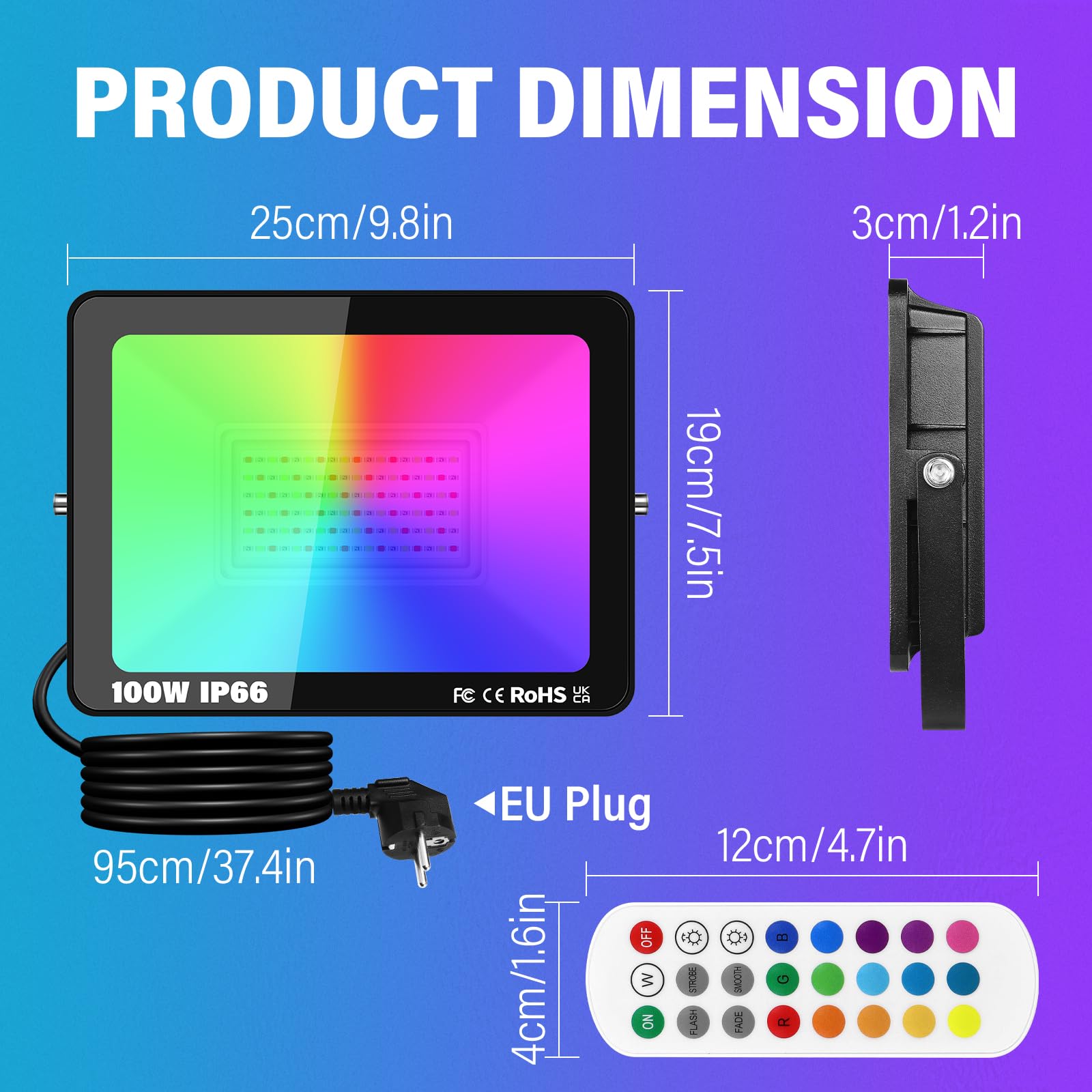 RIGIDON 100W Faretto LED RGB Smart, 10000LM Inteligente Proiettore Faro RGBW con controllato APP, Impermeabile luce di inondazione multicolore Interna ed Esterna per giardino palco partito