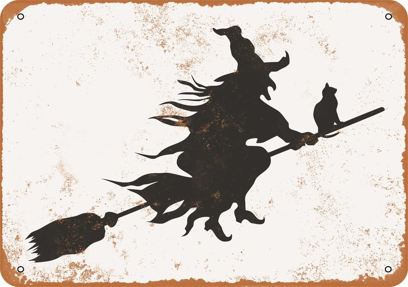Miaomansenstore Metal Sign - Witch On Broom With Cat - Vintage Look Home Decor