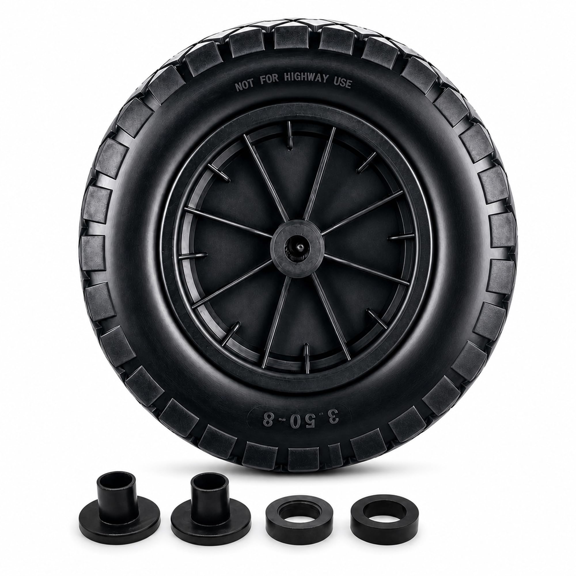 Keplin 14 Inch Wheelbarrow Wheel – Solid Rubber Tyre Replacement 3.50-8, Heavy Duty Puncture Proof Flat Free Barrow Wheel with Steel Centre Hub for Garden Cart Trolley Use, Black