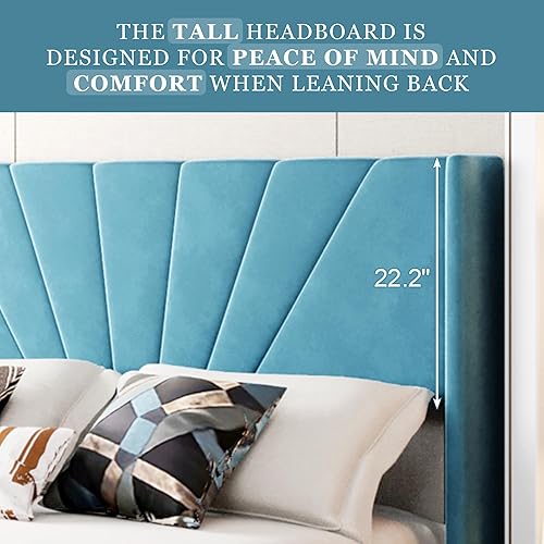 Miniatura 4 de Merax Cama de plataforma tapizada de terciopelo con cabecero y listones de madera fuertes, fuerte capacidad de peso y sin ruido, fácil montaje,