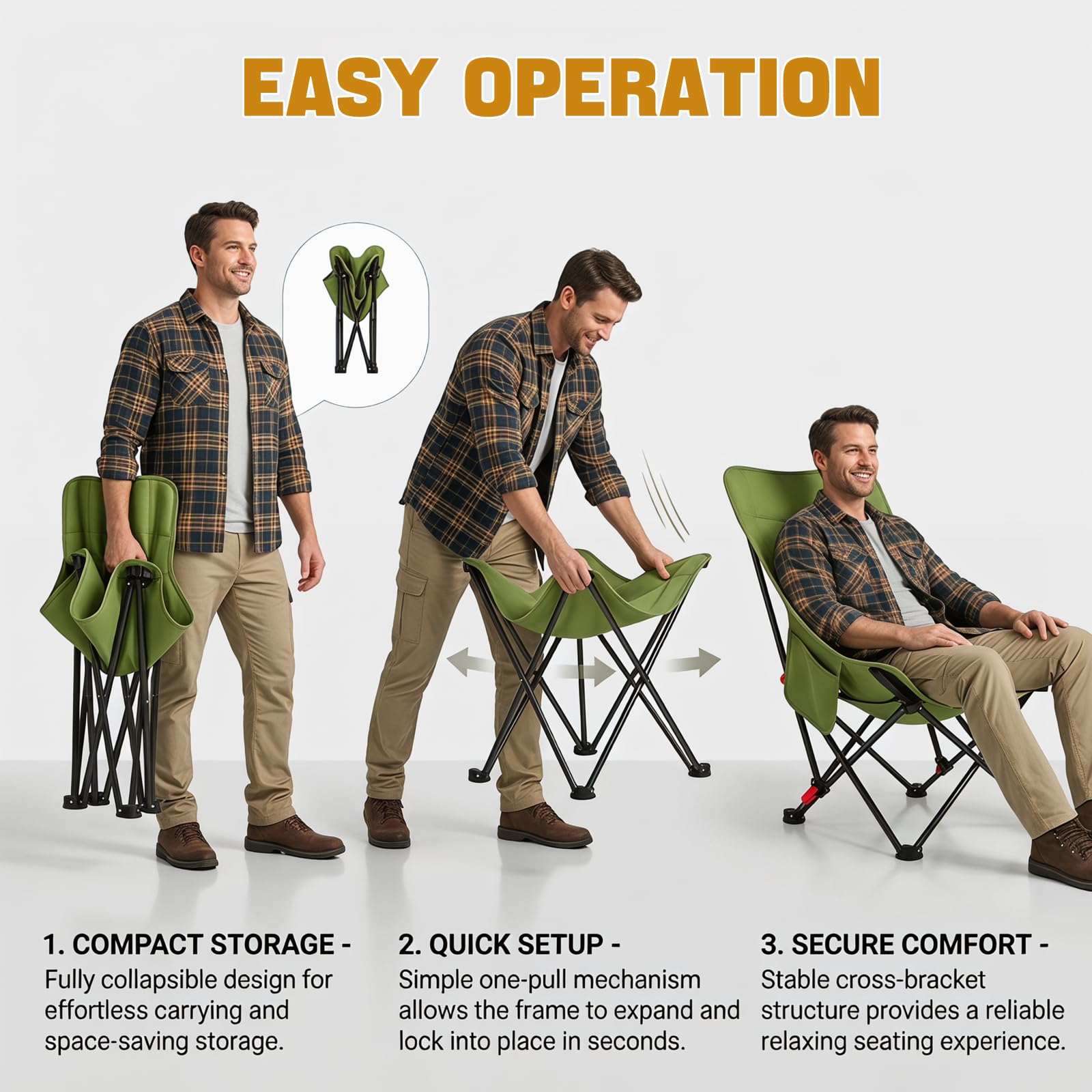 Sedia da campeggio pieghevole con schienale alto, 120 kg, ultraleggera, portatile, con 2 tasche laterali, sedia pieghevole con schienale alto, per esterni, escursionismo, picnic (verde invernale)