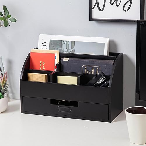 Miniatura 6 de canwedance Organizador de escritorio de oficina de madera rústica envejecida, 5 compartimentos con 2 cajones y mostrador, estante de correo de