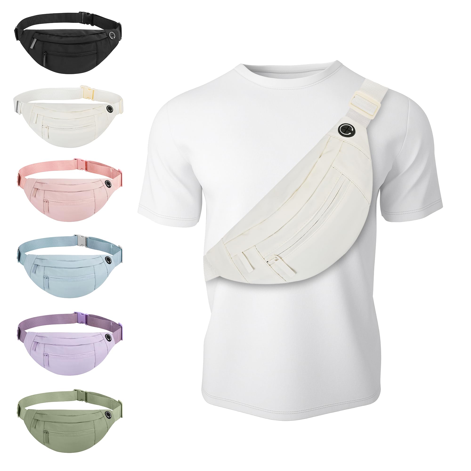Riñonera cruzada para mujer y hombre, con cremallera, correa ajustable, impermeable, para correr, senderismo, viajes, Beige (Large Beige), Large, Riñonera con 4 cremalleras