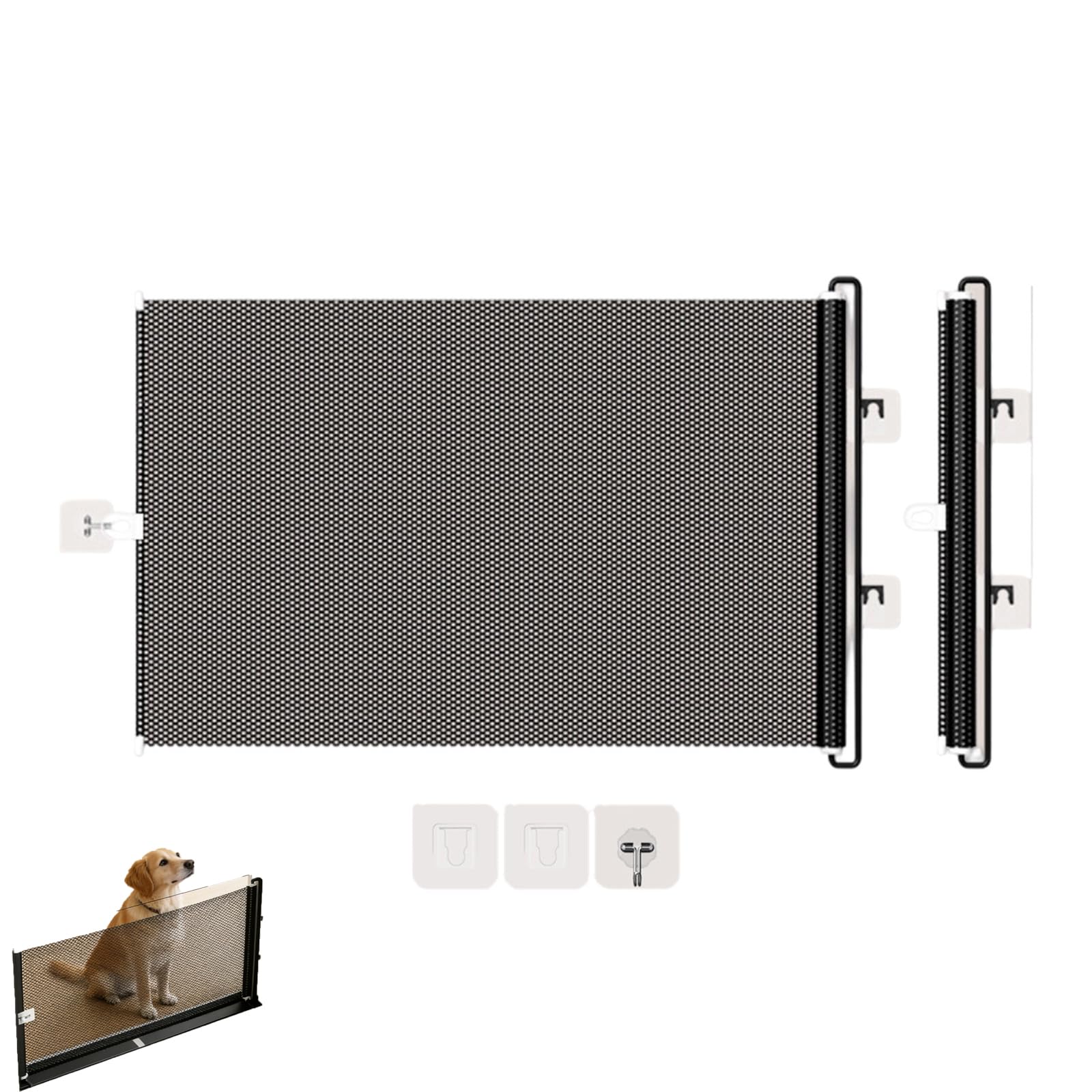 Retractable Dog Gate for Doorways and Stairs, No Drilling Indoor Outdoor Pet Safety Fence with Hooks and Positioners, Adjustable PVC Puppy Gate for Hallways Kitchens, S M L Sizes, 1-Pack (Black-S)