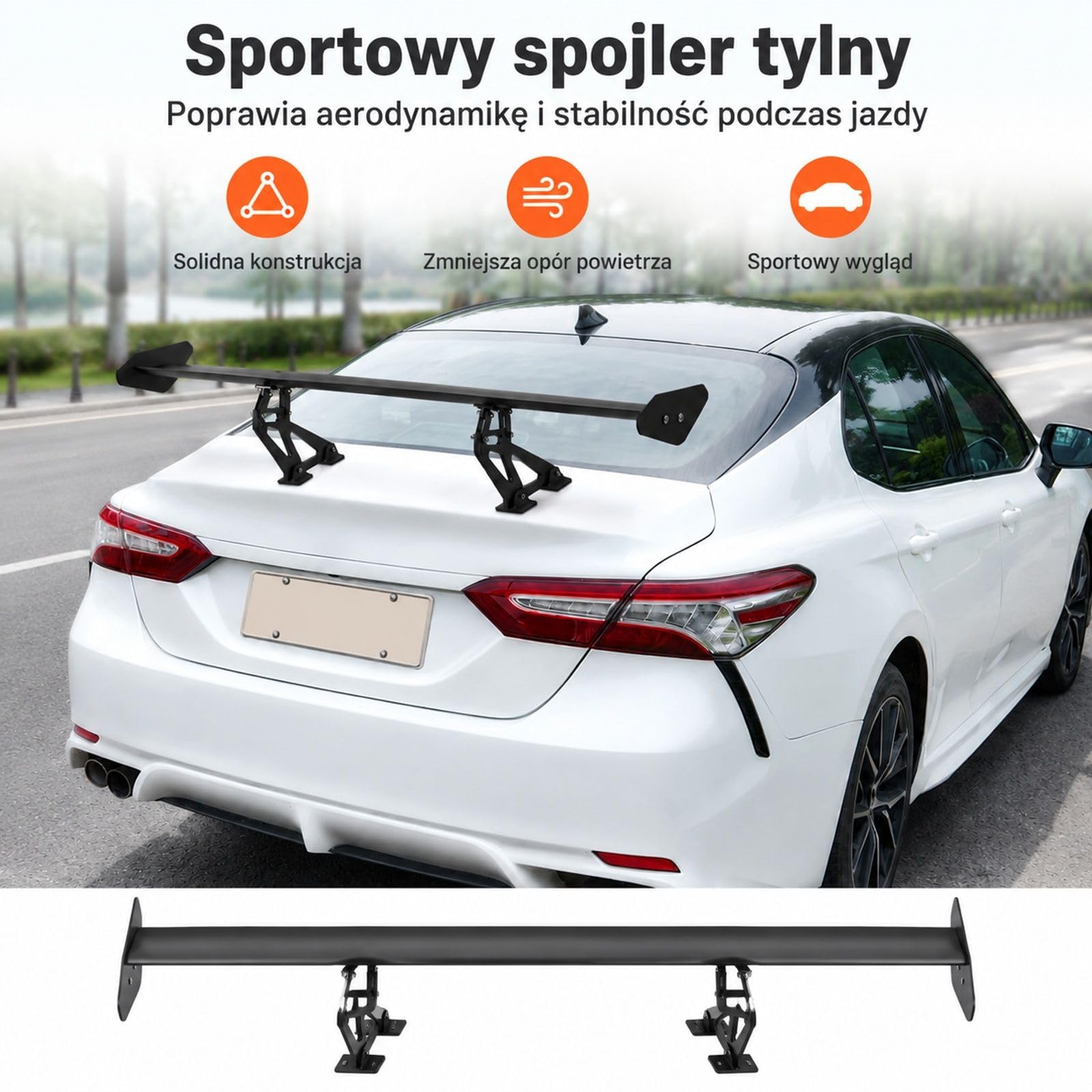 Uniwersalne tylne skrzydło GT, regulowana pojedyncza płyta ze stopu aluminium, matowa czerń, do montażu na bagażniku sedanów i coupe