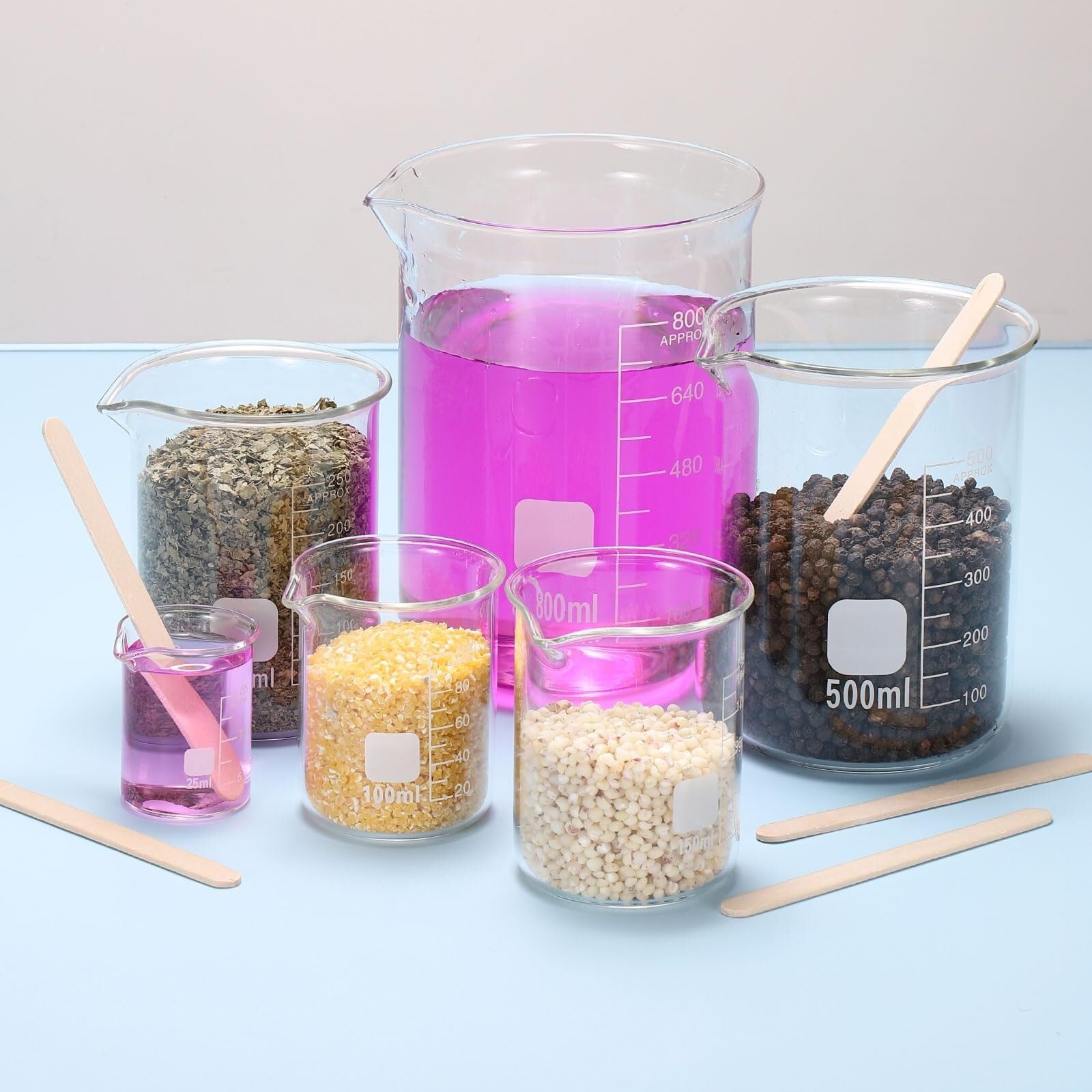 Becher in Vetro 25ml, Confezione da 2, Vetro Borosilicato Resistente al Calore Graduato per Laboratorio con Bastoncini in Legno(400ml)
