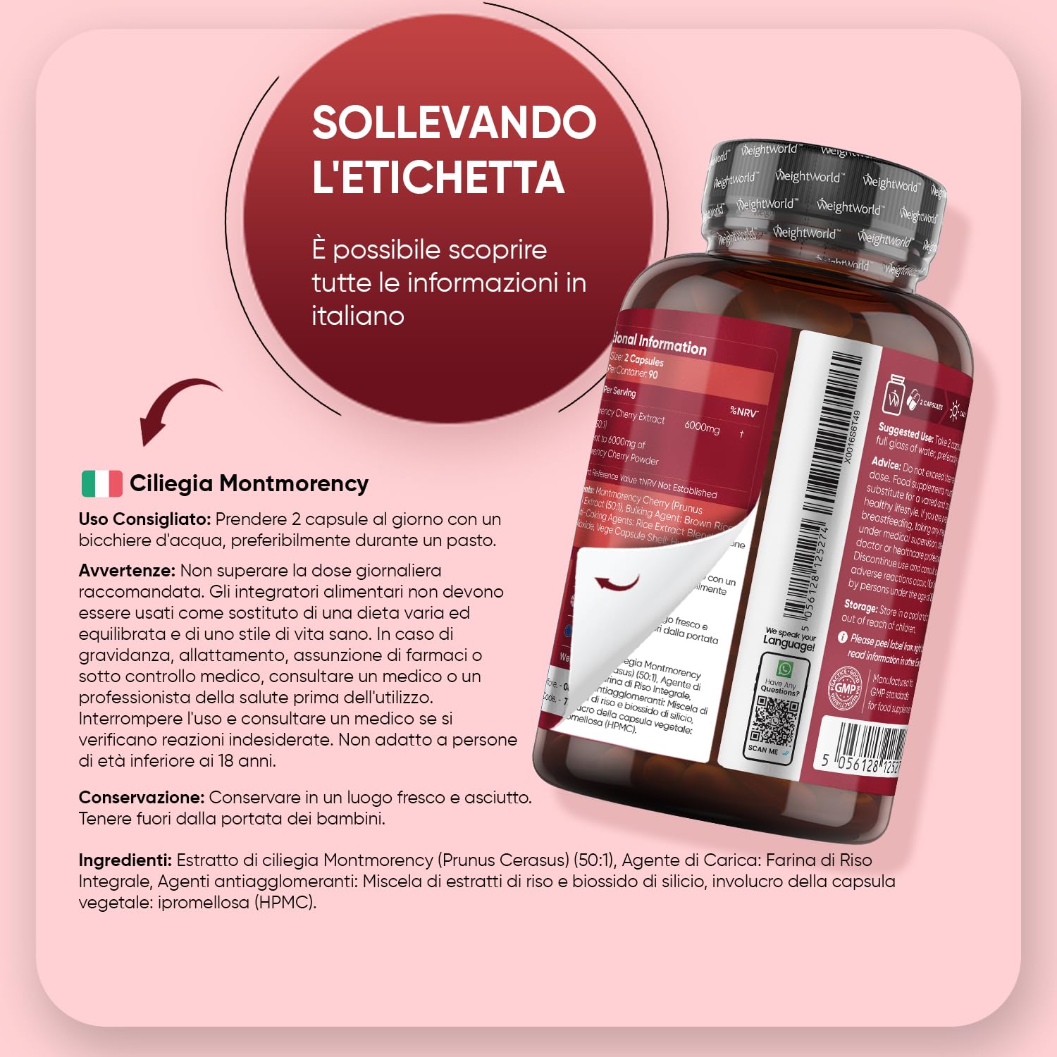 Montmorency Cherry 6000mg (Estratto 50:1), 3 Mesi di Scorta, 180 Capsule Vegane di Estratto di Ciliegia Prunus Cerasus, Integratore Cherry Montmorency Senza Glutine, OGM e privo di Magnesio Stearato
