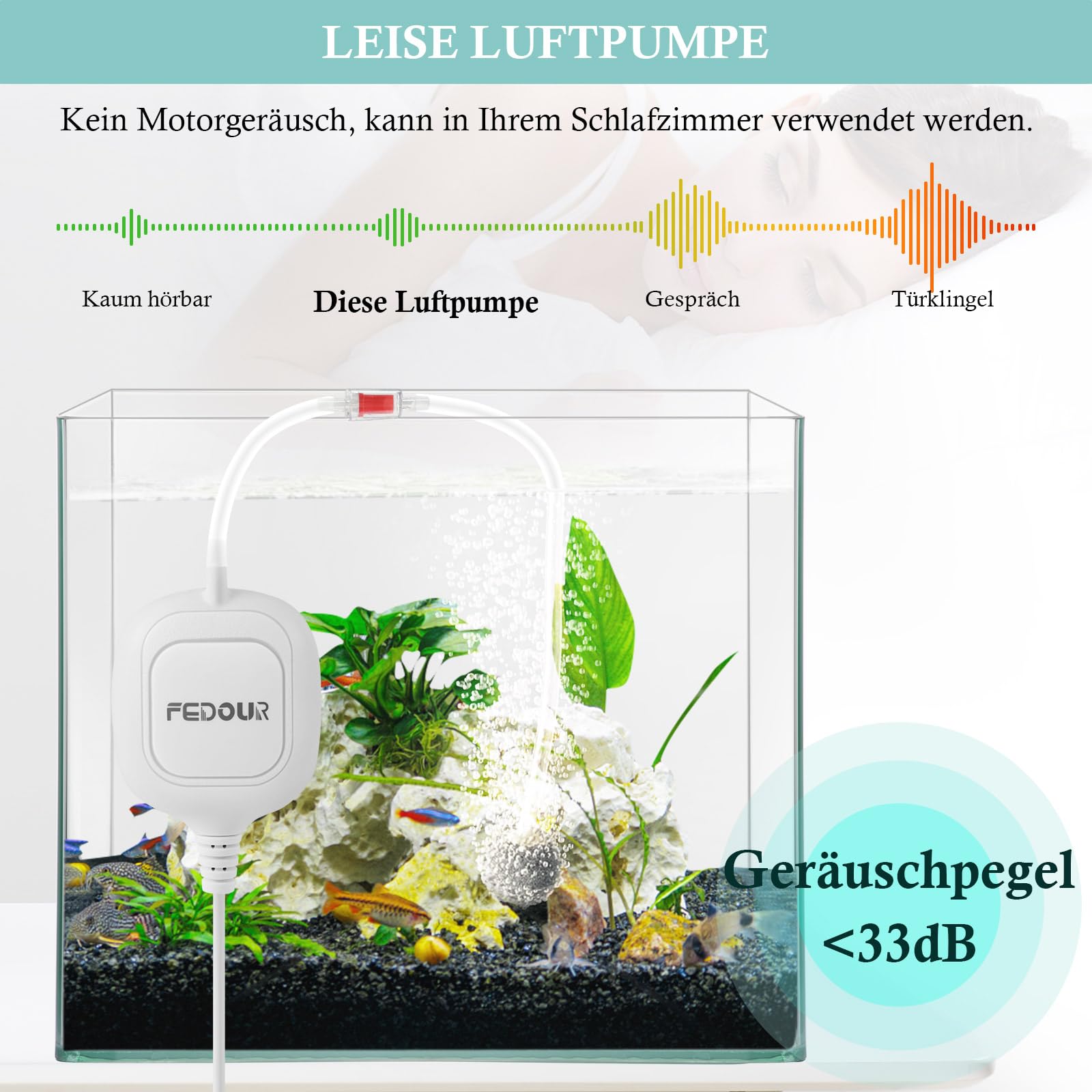 FEDOUR Nano cicha pompka powietrza do akwarium, mini pompka powietrza do akwariów, pompa tlenowa do akwariów do 80 l Betta, akwarium nano