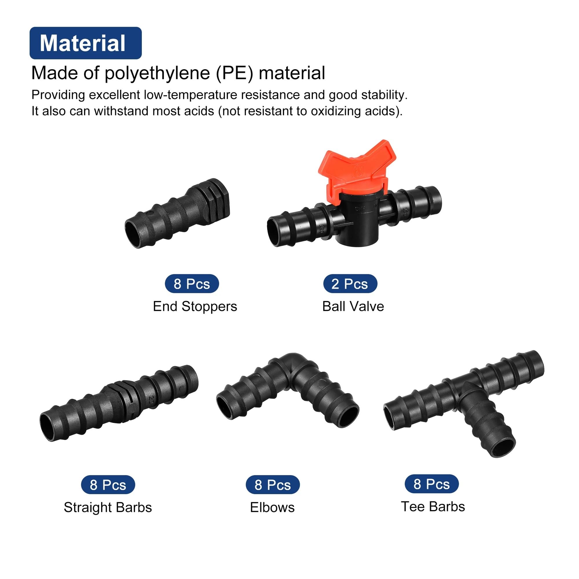 Kit de accesorios de riego con púas de 19,5 mm: tubo de goteo de 3/4", 8 tees/8 codos/8 extremos/2 válvulas, PE