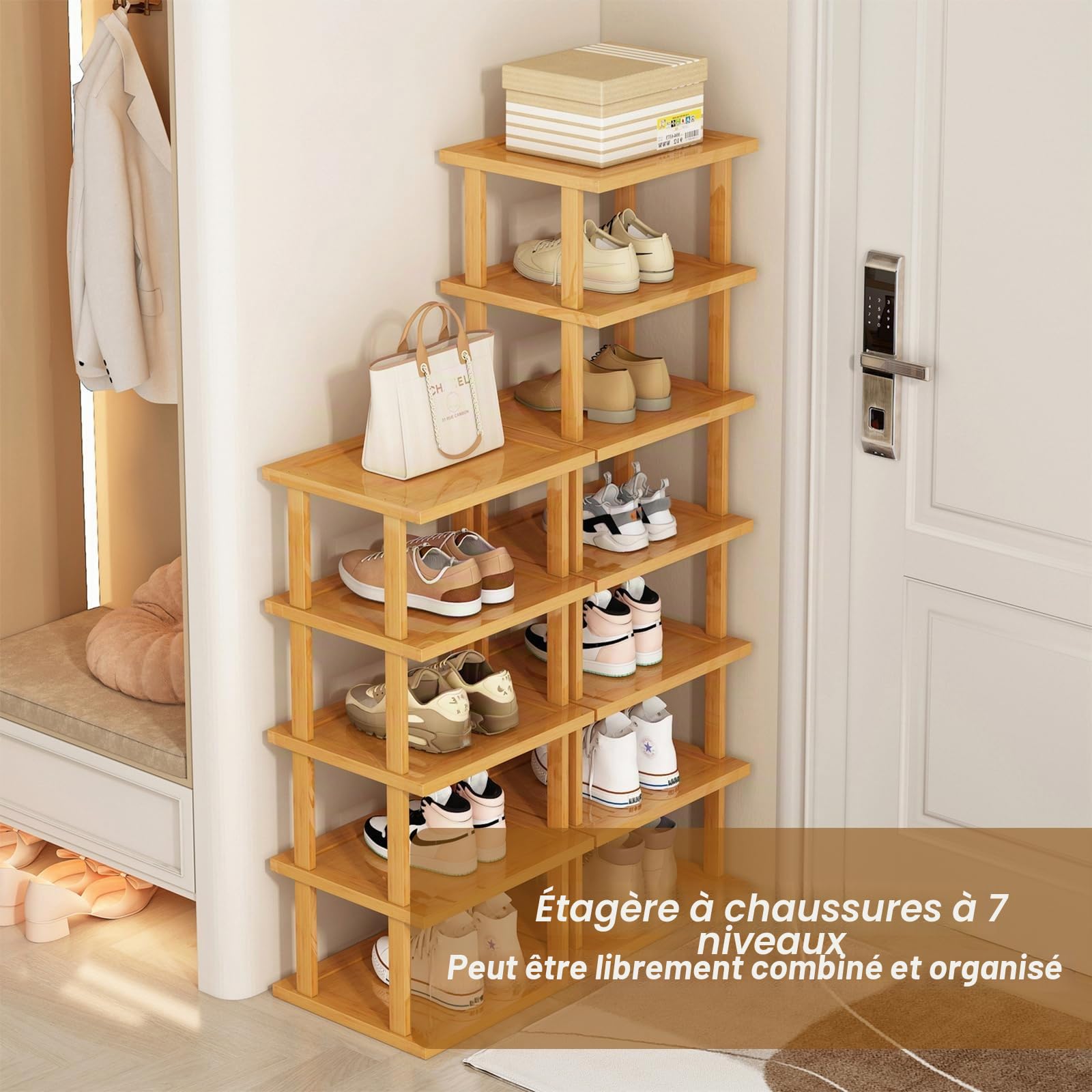 GAESHOW Étagère à Chaussures en Bambou, Armoire à Chaussures à 7 Niveaux, Etagere Chaussure, Rangement Chaussure pour Entrée, Salon, Chambre à Coucher, 25 × 23 × 115 cm