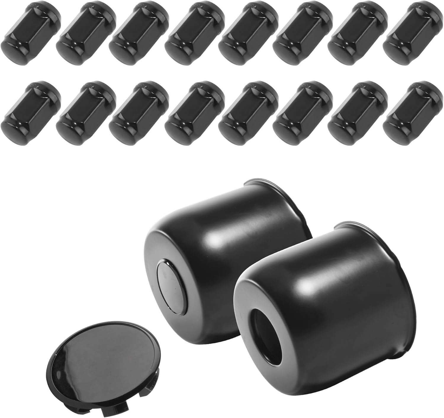 2-Pack Trailer Push Through Center Caps and Trailer Wheel Lug Sets - 4.88in Wheel Center Caps Matte Black Wheel Cover Stainless Steel Hub Cap with 16 One-Piece Black Lug Nuts for Truck RV​