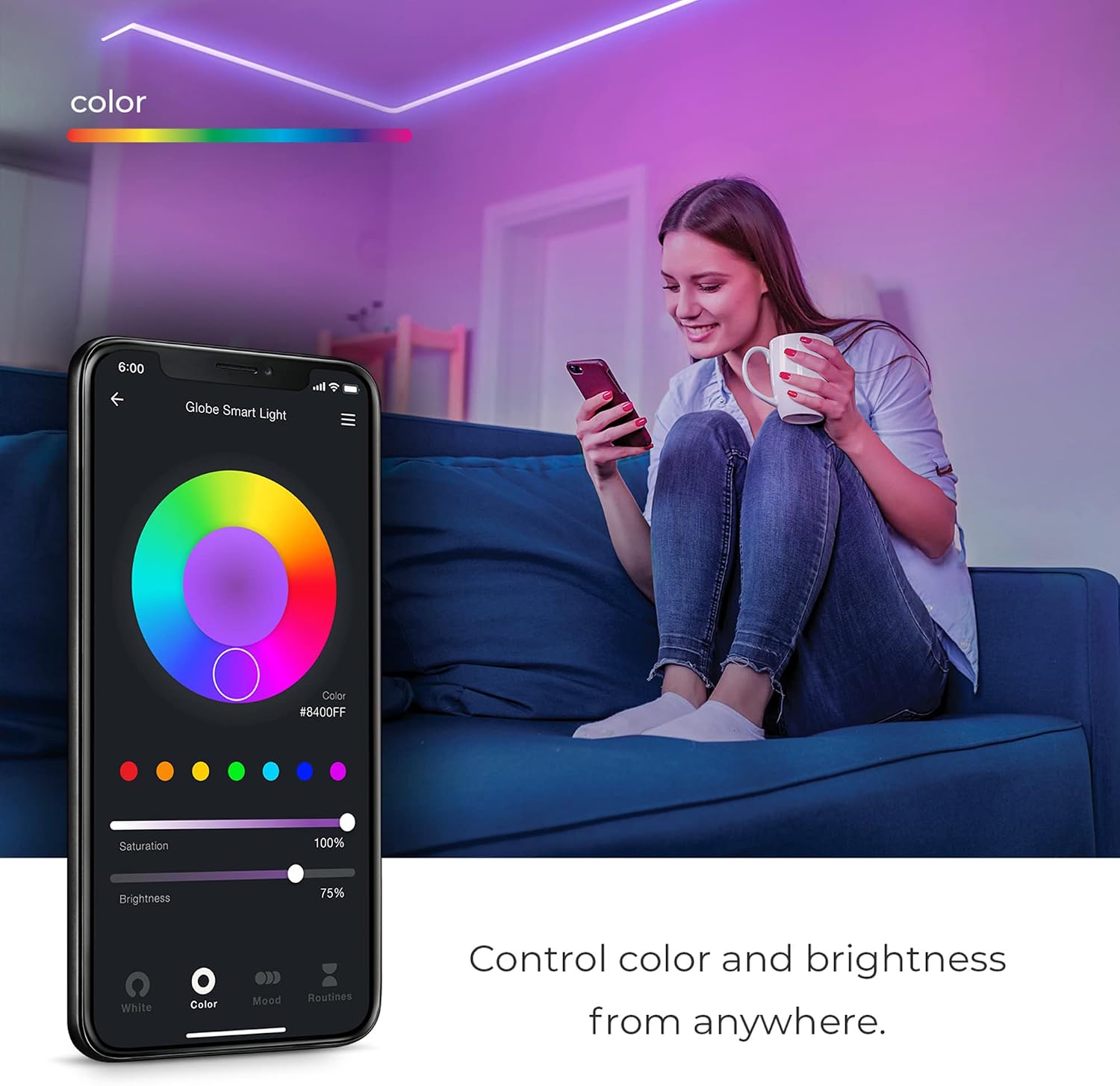 Globe Electric 50273 Wi-Fi Smart Flexigon Multicolor Changing RGB LED Plug-in Outdoor Indoor Neon Strip Light, No Hub Required, Voice Activated, 5 Meters/16.4 Feet, IP65 Rated, 3000 Kelvin