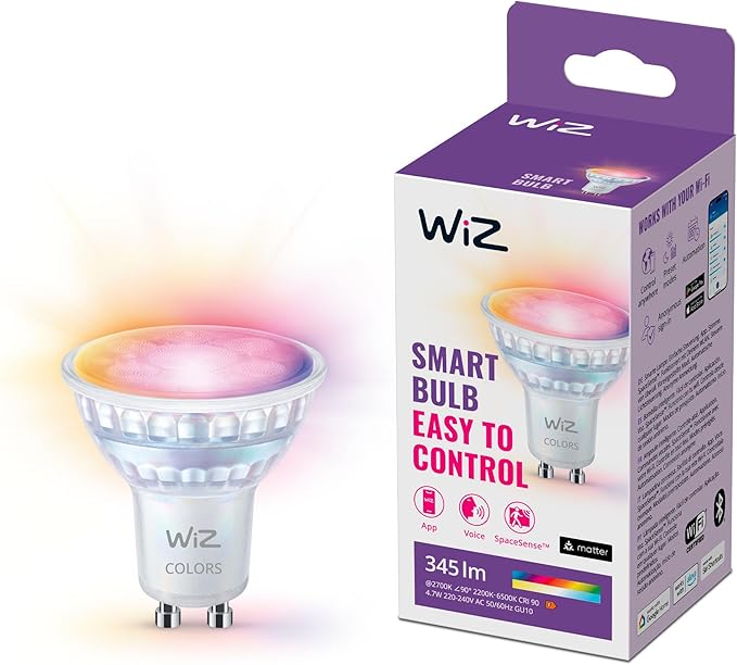 WiZ - Bombilla LED Inteligente Wi-Fi, 4,9W(Eq. 50W) GU10, Luz Blanca y de Colores, con tecnología SpaceSense y compatible con Alexa y Google Home