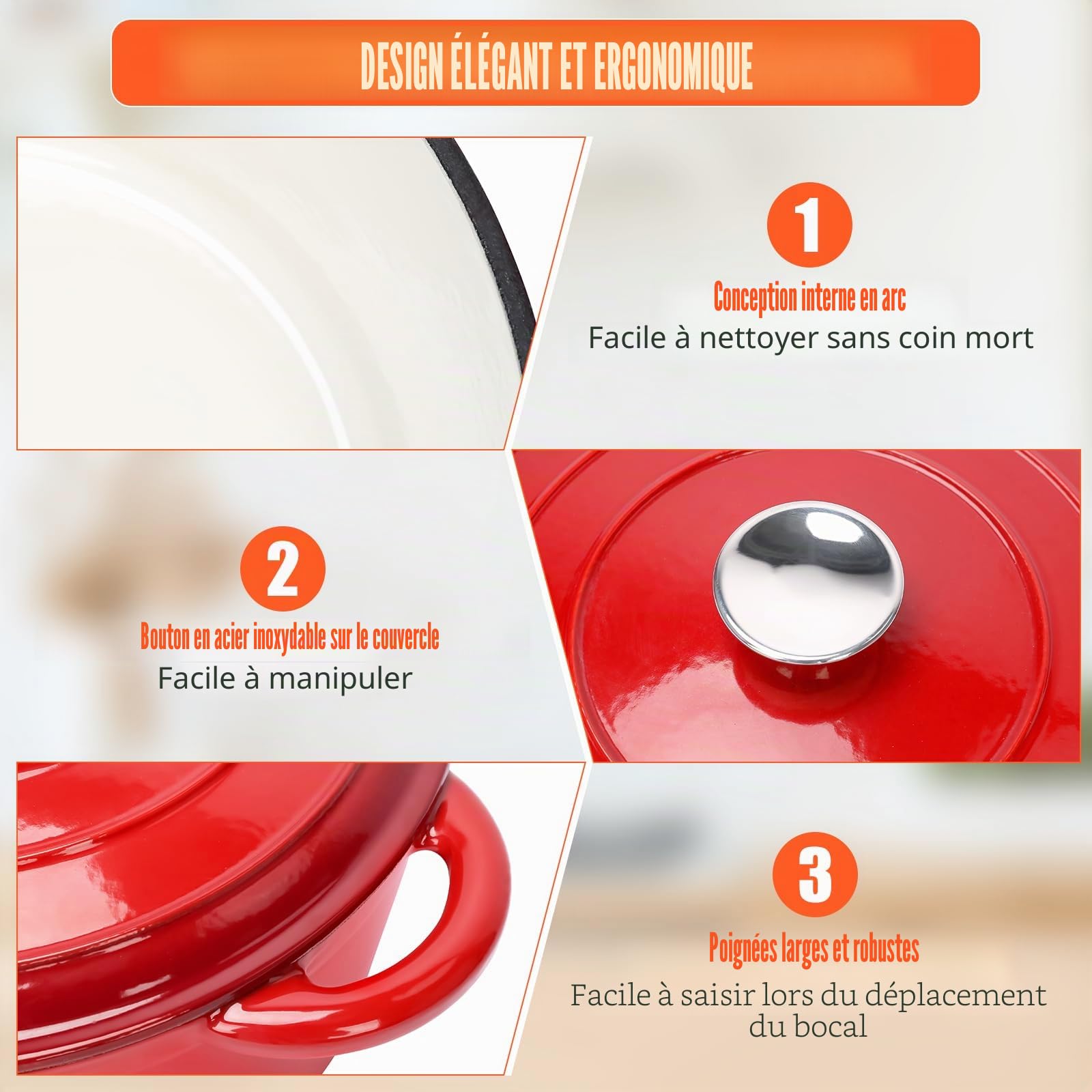 Casserole en fonte émaillée de 28 cm avec couvercle, four hollandais pour tous types de cuisines et induction, accessoires ronds pour pain