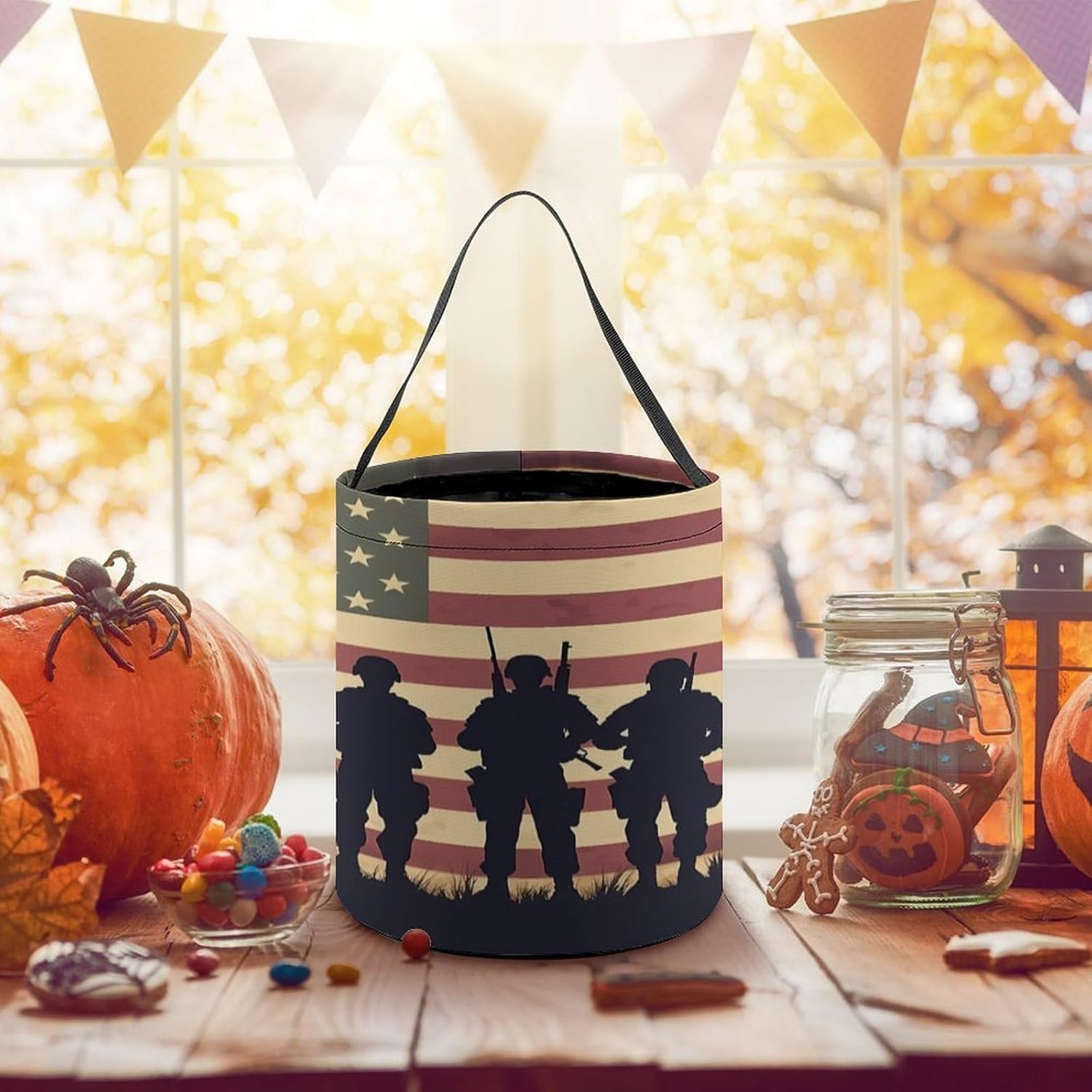 State U.S Flag Military Soldiers Army Candy Bag Halloween Treat Goody Bags Party Basket Handbag Holiday Decor