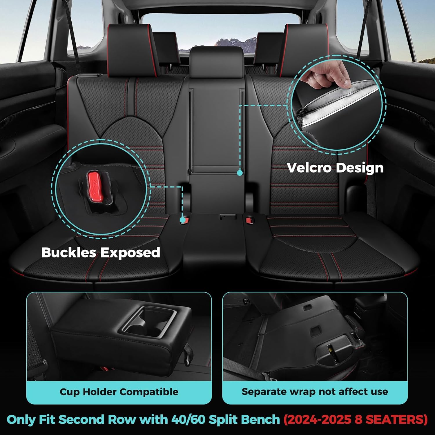 Grand Highlander Seat Covers for Toyota Grand Highlander 2026 2025 2024 8 Seater, Full Set Faux Leather Car Seat Cover Replacement Accessories - Second Row 40/60 Split Bench - Black Red