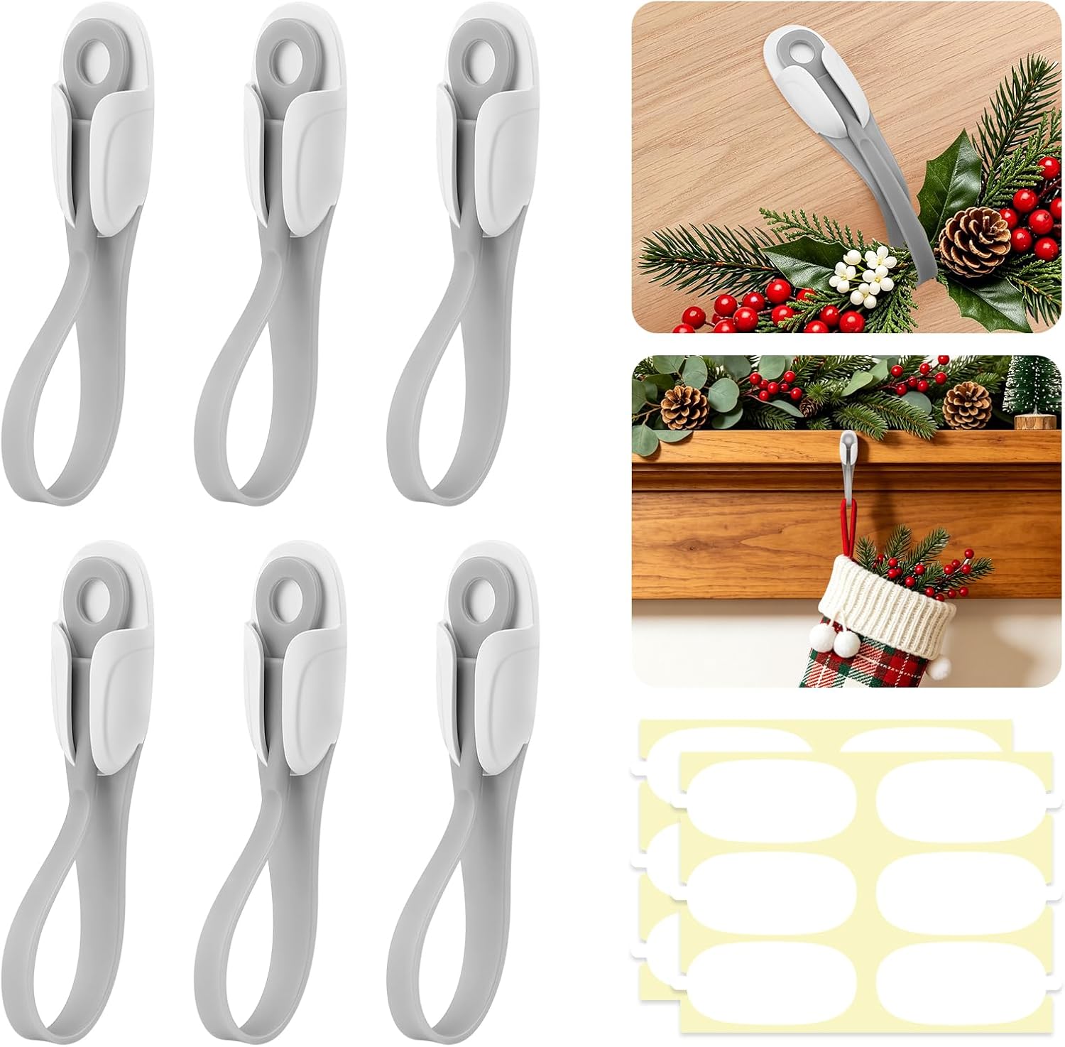 6 PCS Christmas Garland Hangers for Mantle, Christmas Fireplace Stocking with 12 Replacement Adhesive Pads, Reusable Adhesive Wreath Hanger for Wreaths, Fireplace Mantle, Stairways Banister