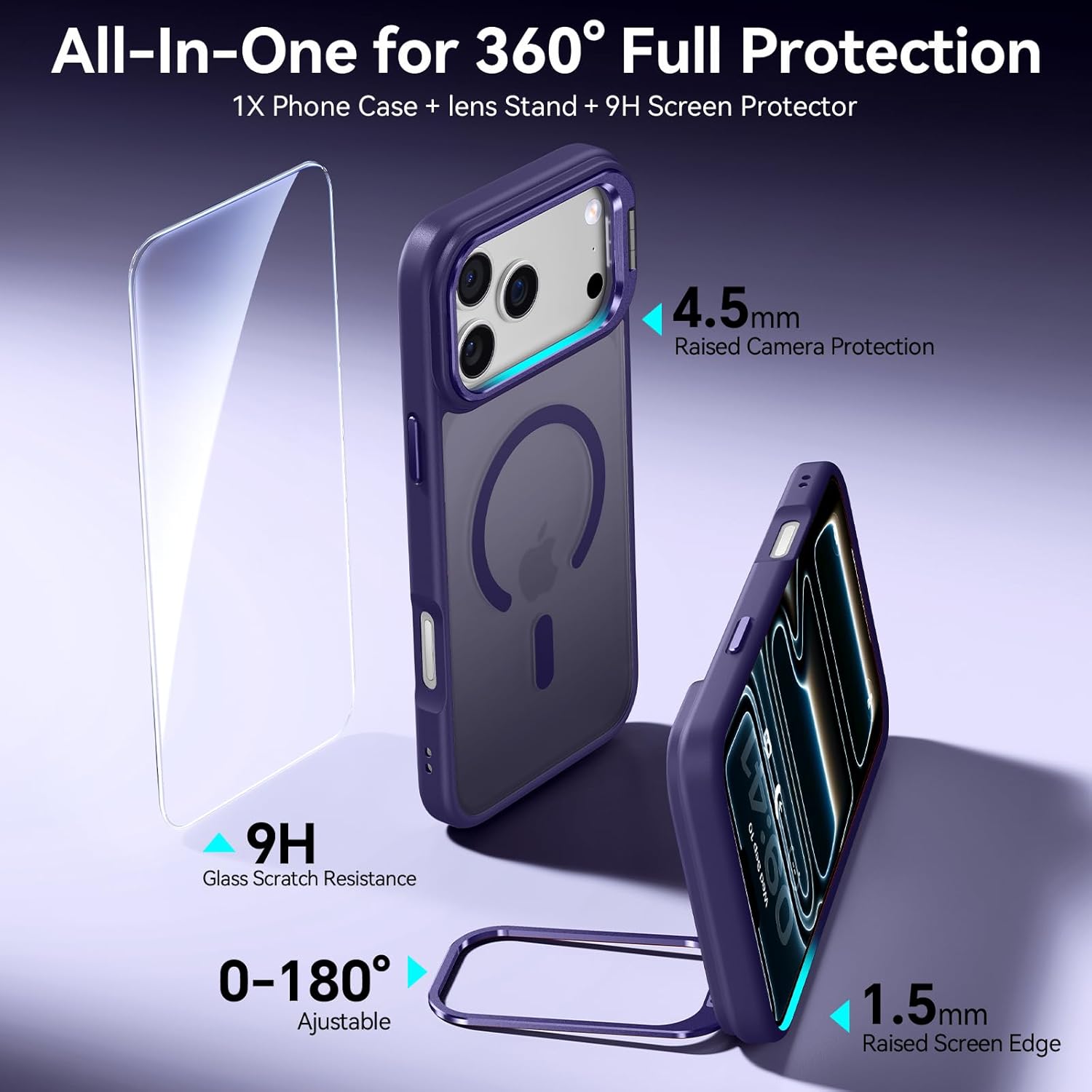 for iPhone 17 Pro Max Case with Stash Lens Stand and 9H Screen Protector, Compatible with MagSafe, Military-Grade Drop Protection Phone Case for iPhone 17 Pro Max, 360° Full Protection, Purple