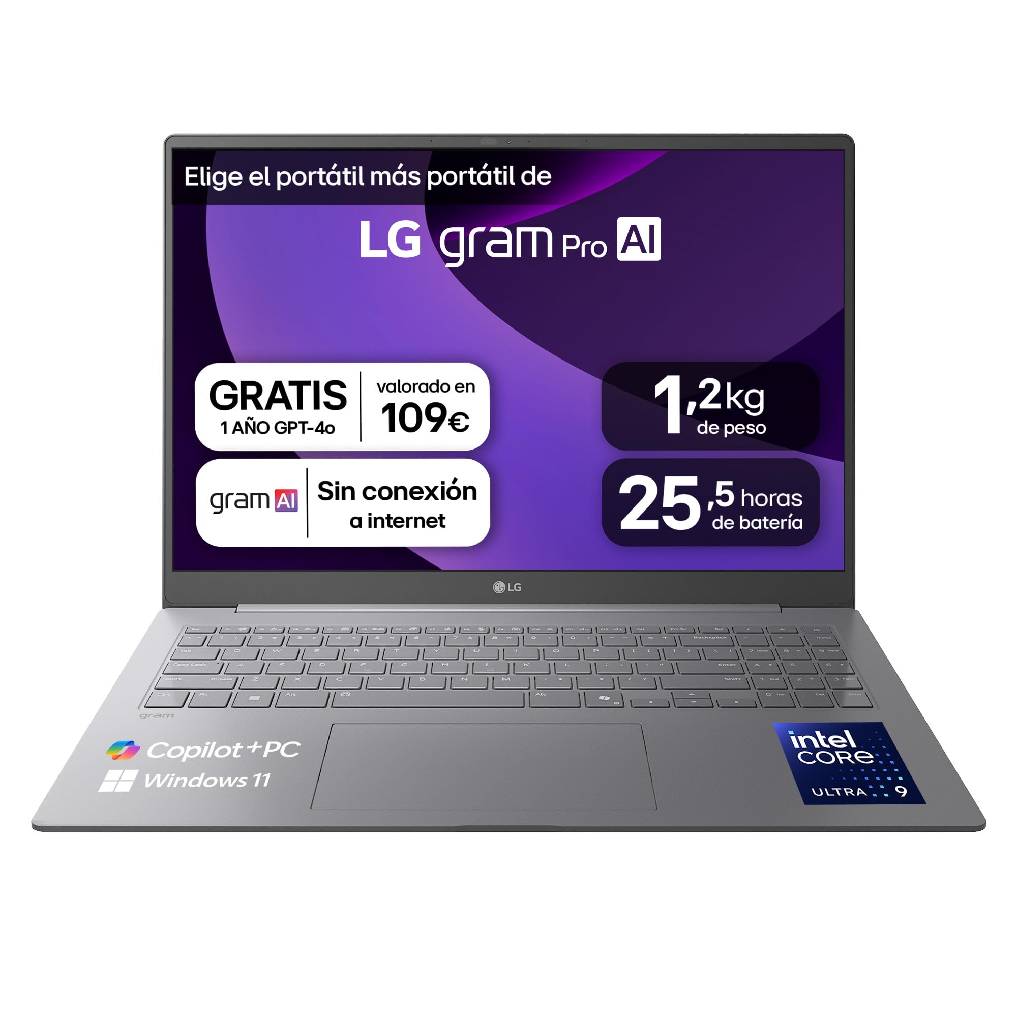 LG gram Pro 16Z90TS-G.AU99BN - Ordenador Portátil Ultraligero de 16" Intel Core Ultra 9 288V, 32 GB RAM, 1 TB SSD, IPS Antirreflejo, 1239g, 25.5h, Windows 11, Teclado QWERTY Español, Gris metalico