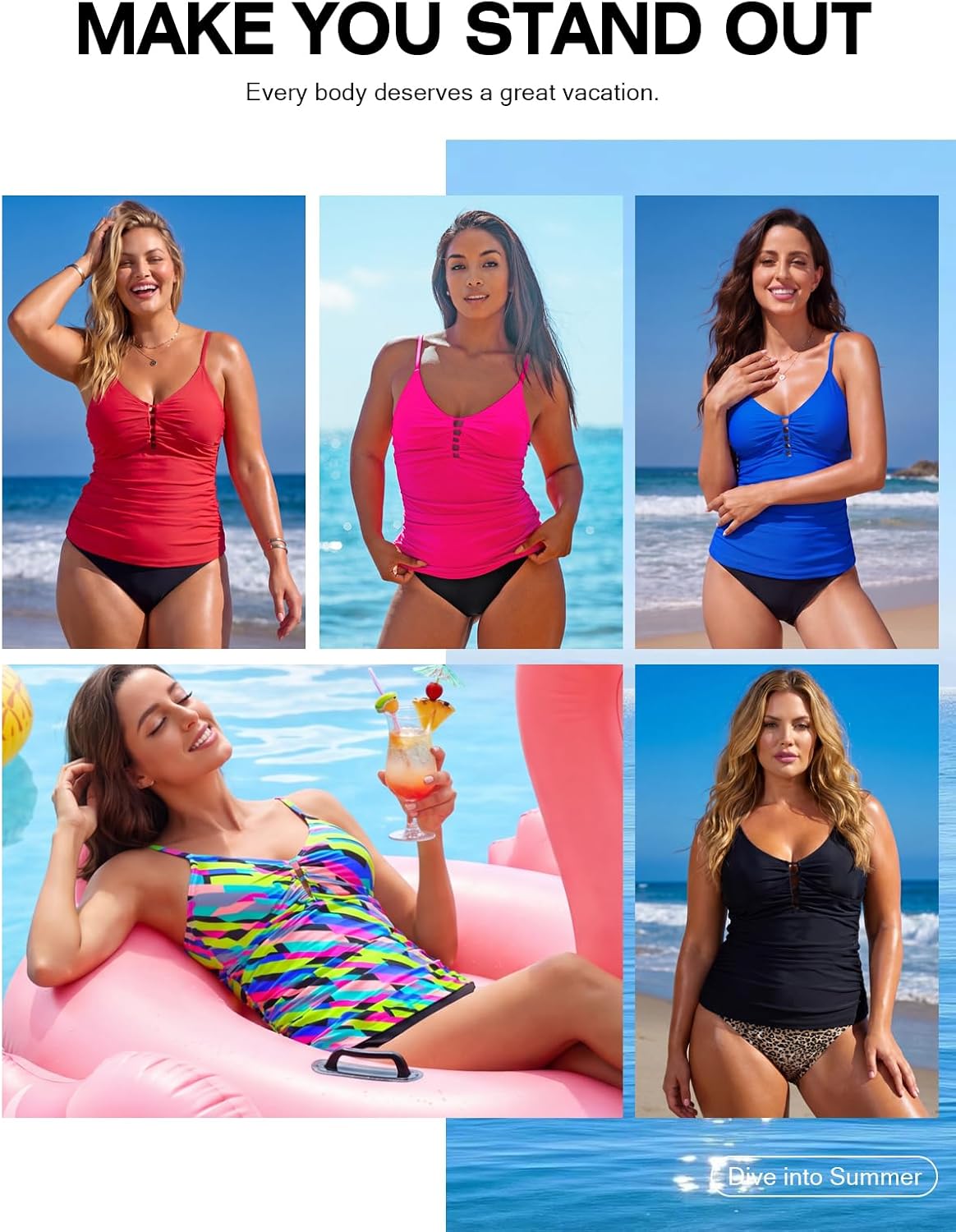 RELLECIGA Women's V Neck Tankini Top Ruched Tummy Control Swimsuits Top