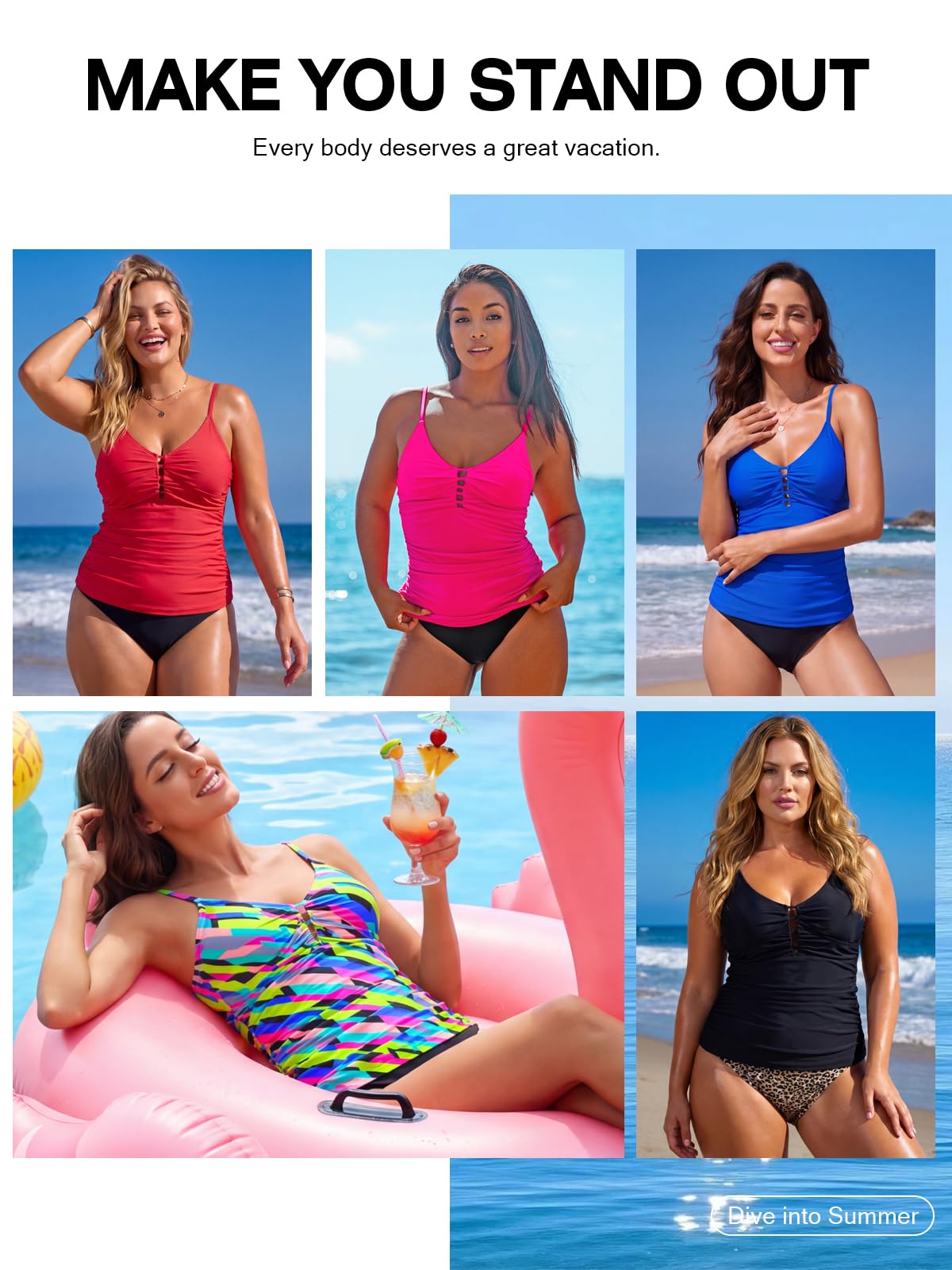 RELLECIGA Costume da bagno da donna con scollo a V arricciato tankini top costumi da bagno controllo pancia solo top