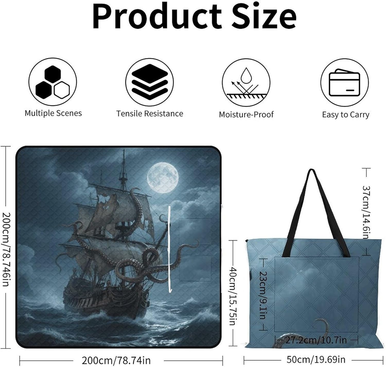 Octopus Kraken Pirate Ship Ocean Picnic Blanket 200x200cm, Foldable 2-in-1 Picnic Mat and Tote Bag Portable Waterproof Beach Mat Sandproof Outdoor Blanket for Park, Hiking, Beach, Camping, Travel