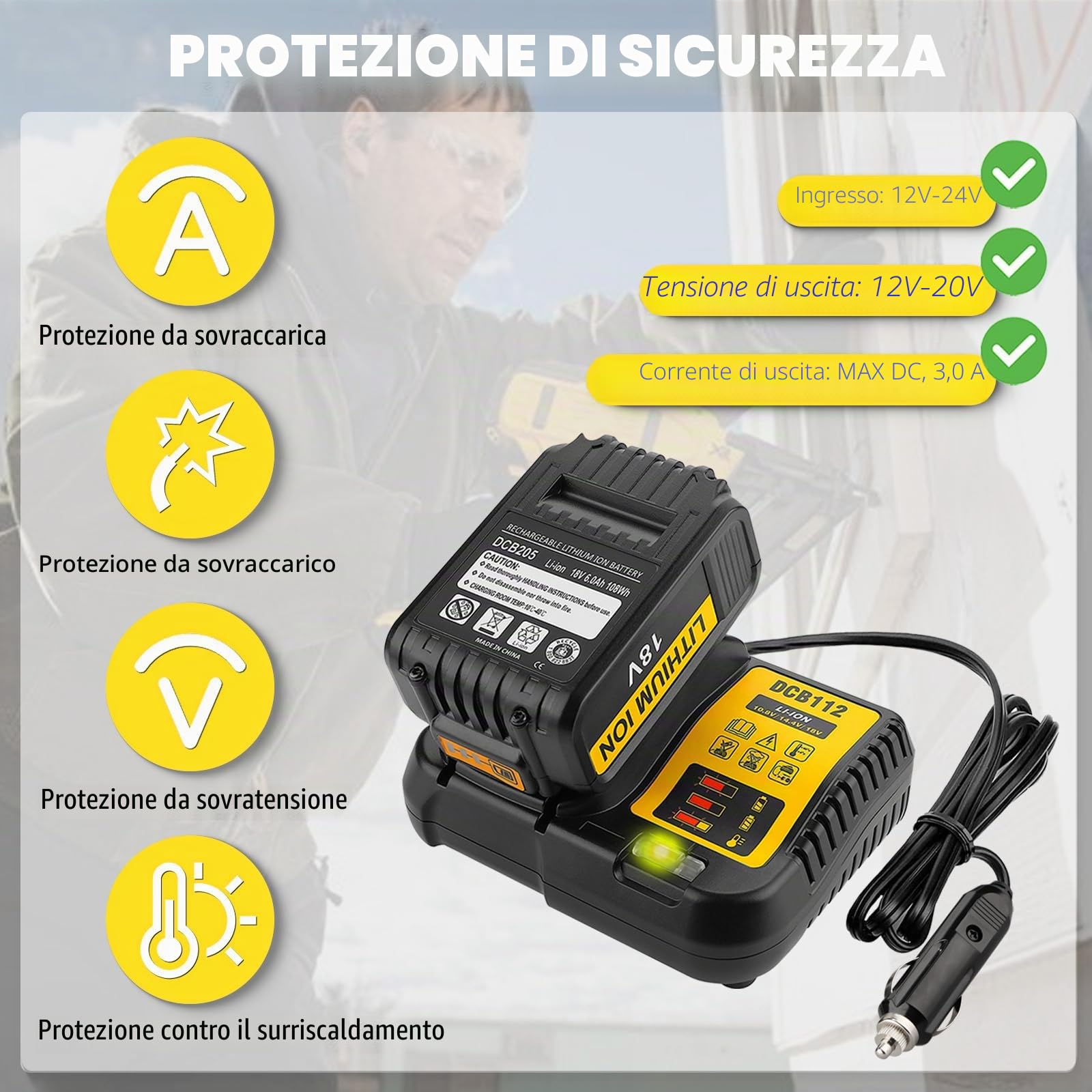 DCB112 - Caricabatteria da auto per batteria Dewalt, sostituisce per batteria agli ioni di litio da 12 V, 20 V e 60 V max per auto, ingresso di ricarica 12 V/24 V, presa accendisigari