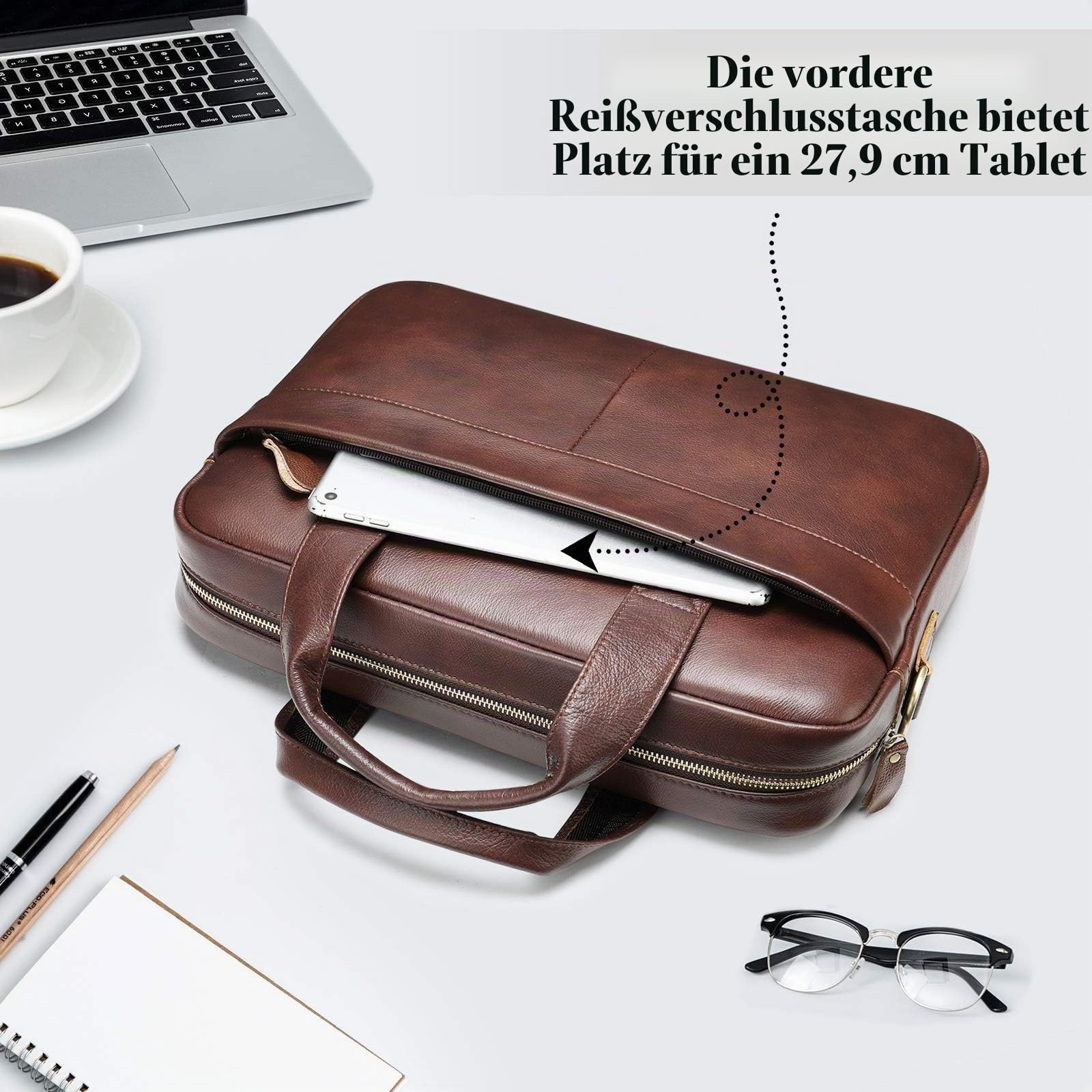 VINBAGGE Businesstasche Herren Echtleder Aktentasche Männer Handtasche Vintage Laptoptasche Arbeitstasche Damen Umhängetasche Schultertasche für 14 Zoll Notebook