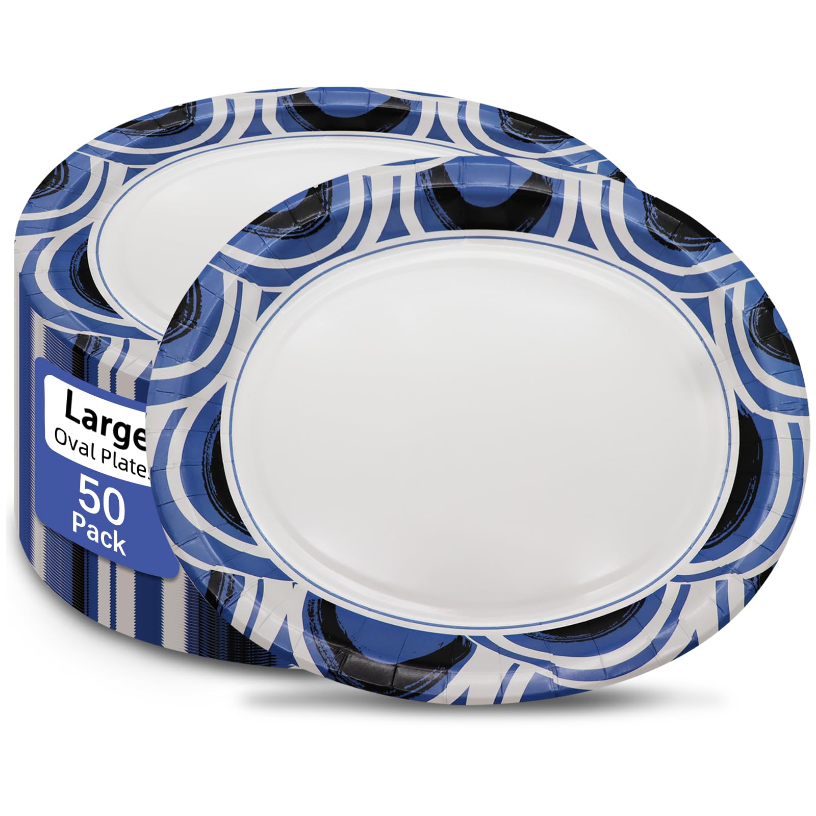VEIZEDD 50Pcs Oval Blue Paper Plates 12 Inch X 10 Inch Heavy Duty Disposable Dinner Plates Bulk for Birthday Picnic Independence Day Decorations,4th of July Plates
