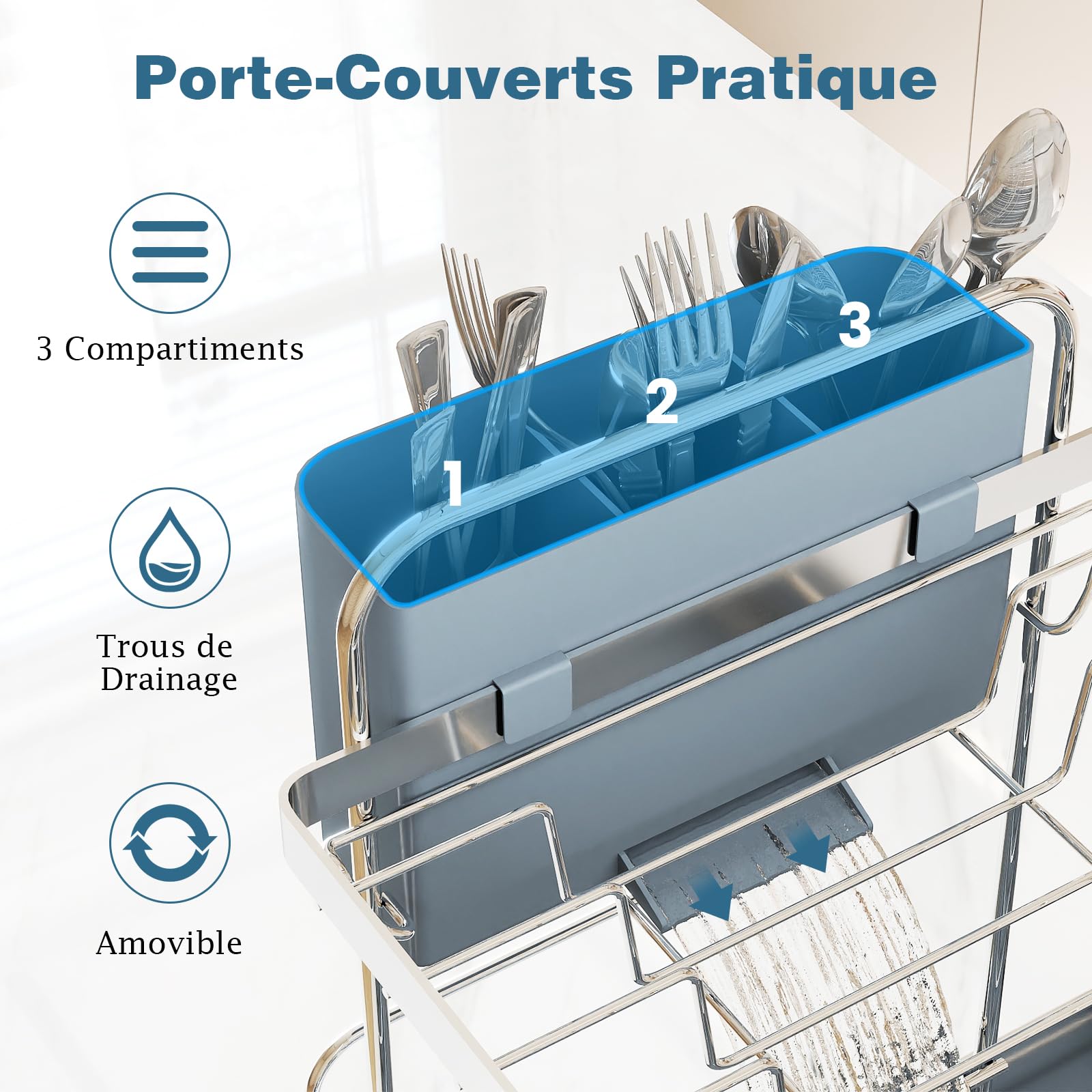 COSTWAY Égouttoir à Vaisselle en Acier Inoxydable, Égouttoir à Vaisselle à 2 Niveaux avec Bac d'Égouttage, Seau & Porte-Couverts, Bec Extensible et Pivotant, Organisateur pour Ustensiles de Cuisine