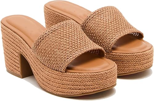 Platform Sandal Mule for Women Raffia Slip On Open Toe Slides Sandals(Camel,6.5)