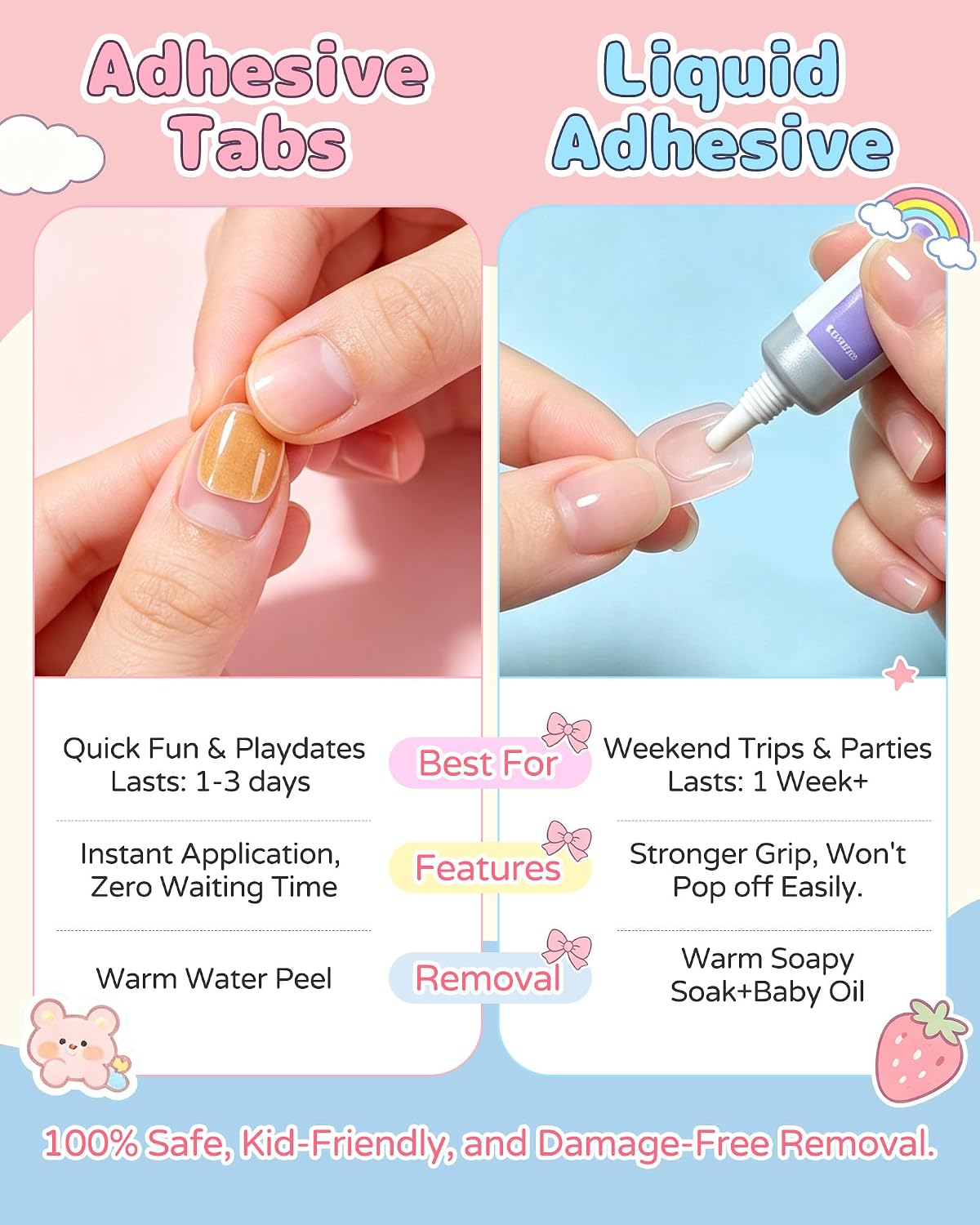 3D Cat Eye Kids Press On Nails, Short Squoval Fake Nails, 72Pcs