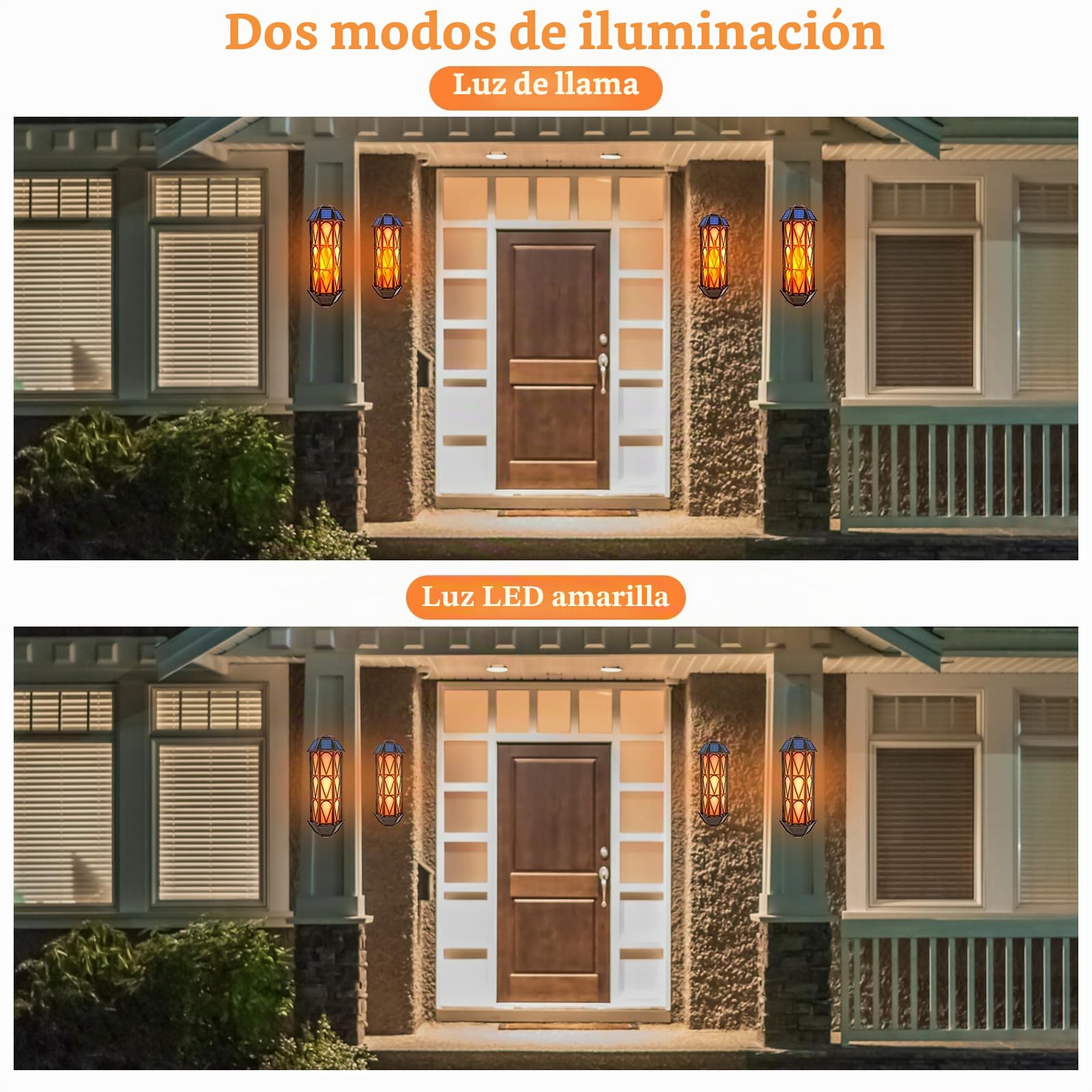 Apliques solares de llama para exteriores, 74 luces LED parpadeantes, apliques con encendido automático, impermeables, luces de pared para decoración de puerta de garaje, jardín, porche, patio, 2